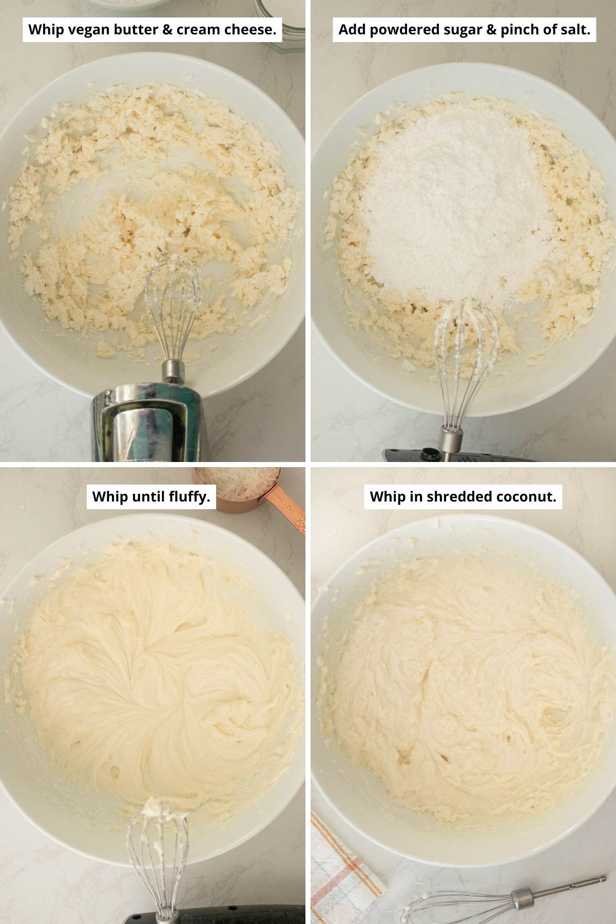image collage showing the creamed butter and cream cheese, adding the powdered sugar, the whipped frosting before and after mixing in the coconut