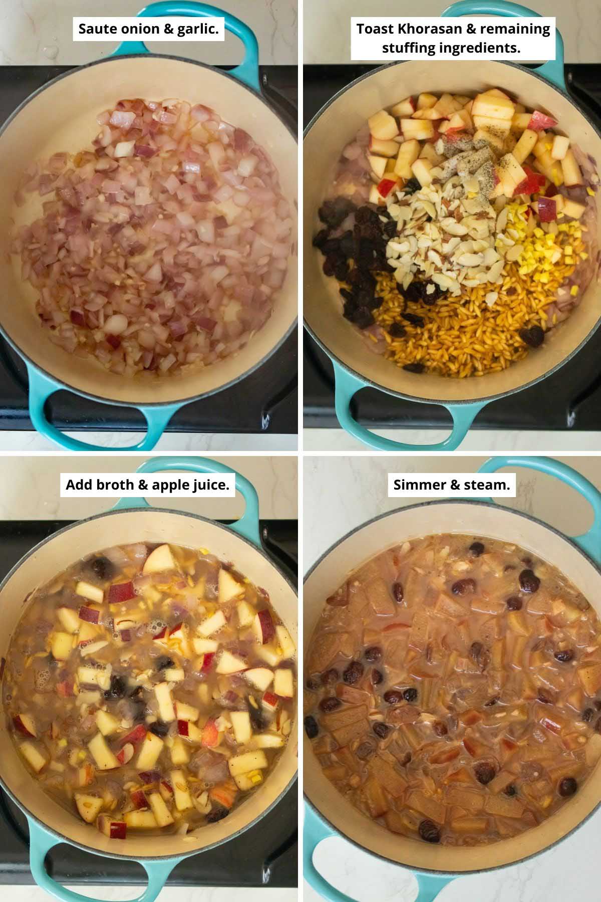 image collage showing the cooked onions, the stuffing ingredients in the pan before and after adding the broth and the stuffing after cooking but before draining