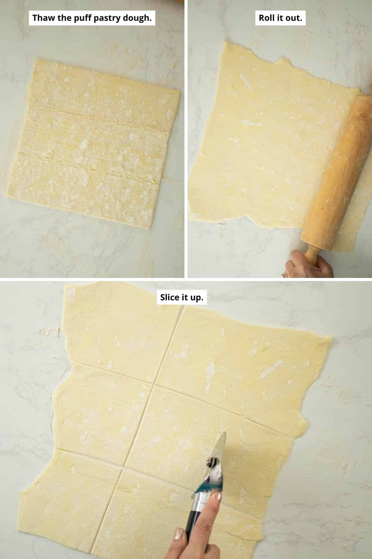 image collage showing the thawed puff pastry before and after rolling out and being sliced with a pizza cutter