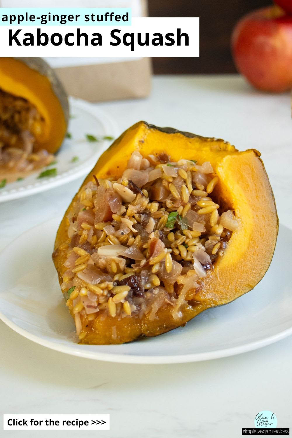slice of stuffed kabocha squash on a plate with the whole squash in the background, text overlay