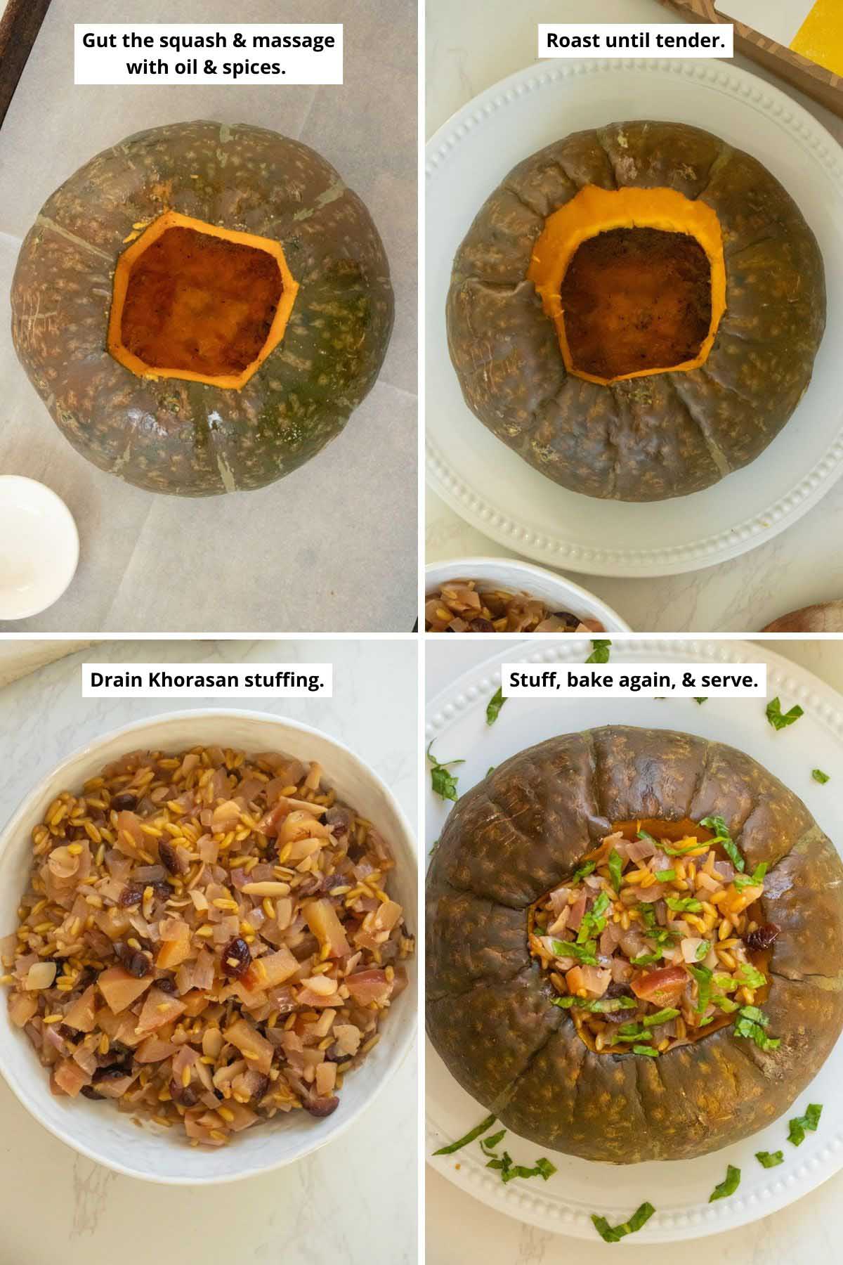 image collage showing the kabocha pumpkin before and after roasting and the stuffing before and after adding to the roasted squash