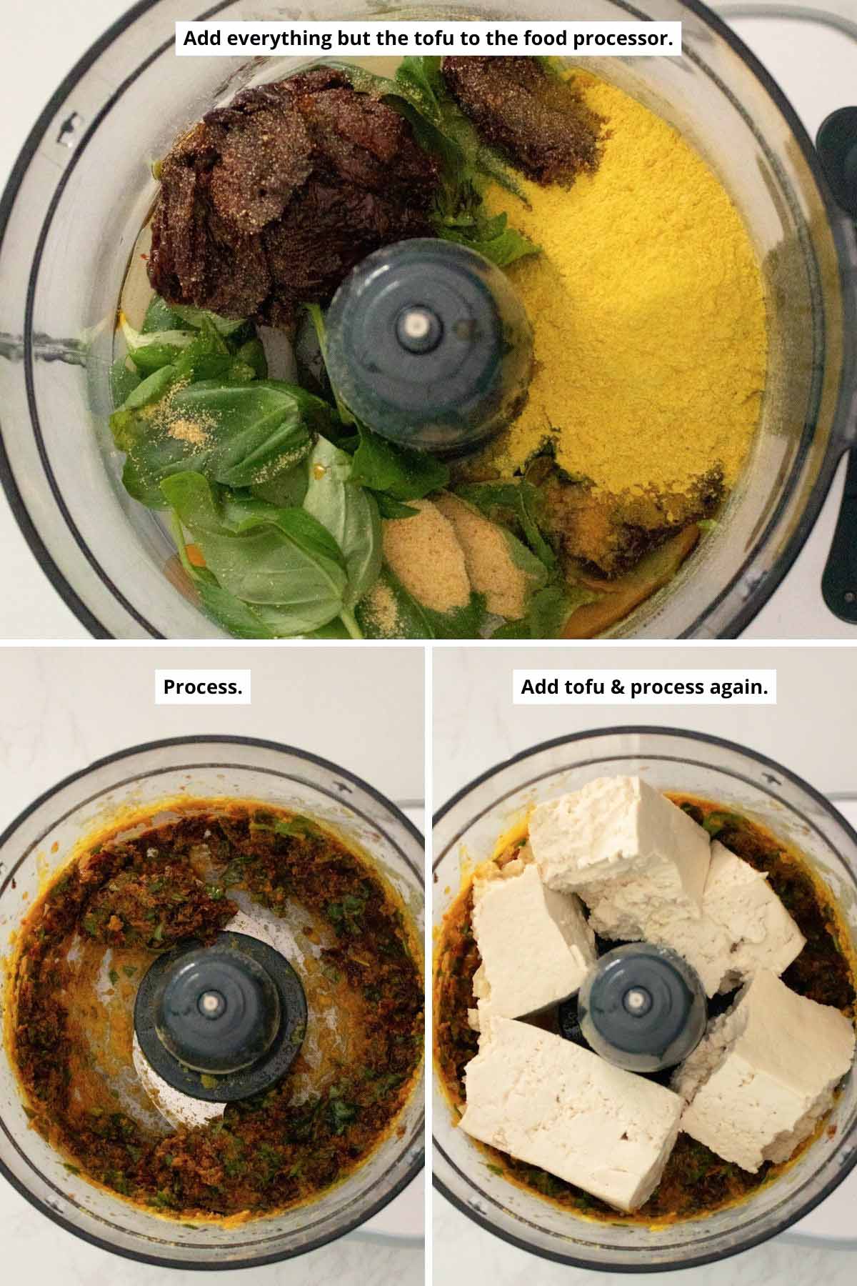 food processor before and after blending tomato-basil mixture and with tofu added