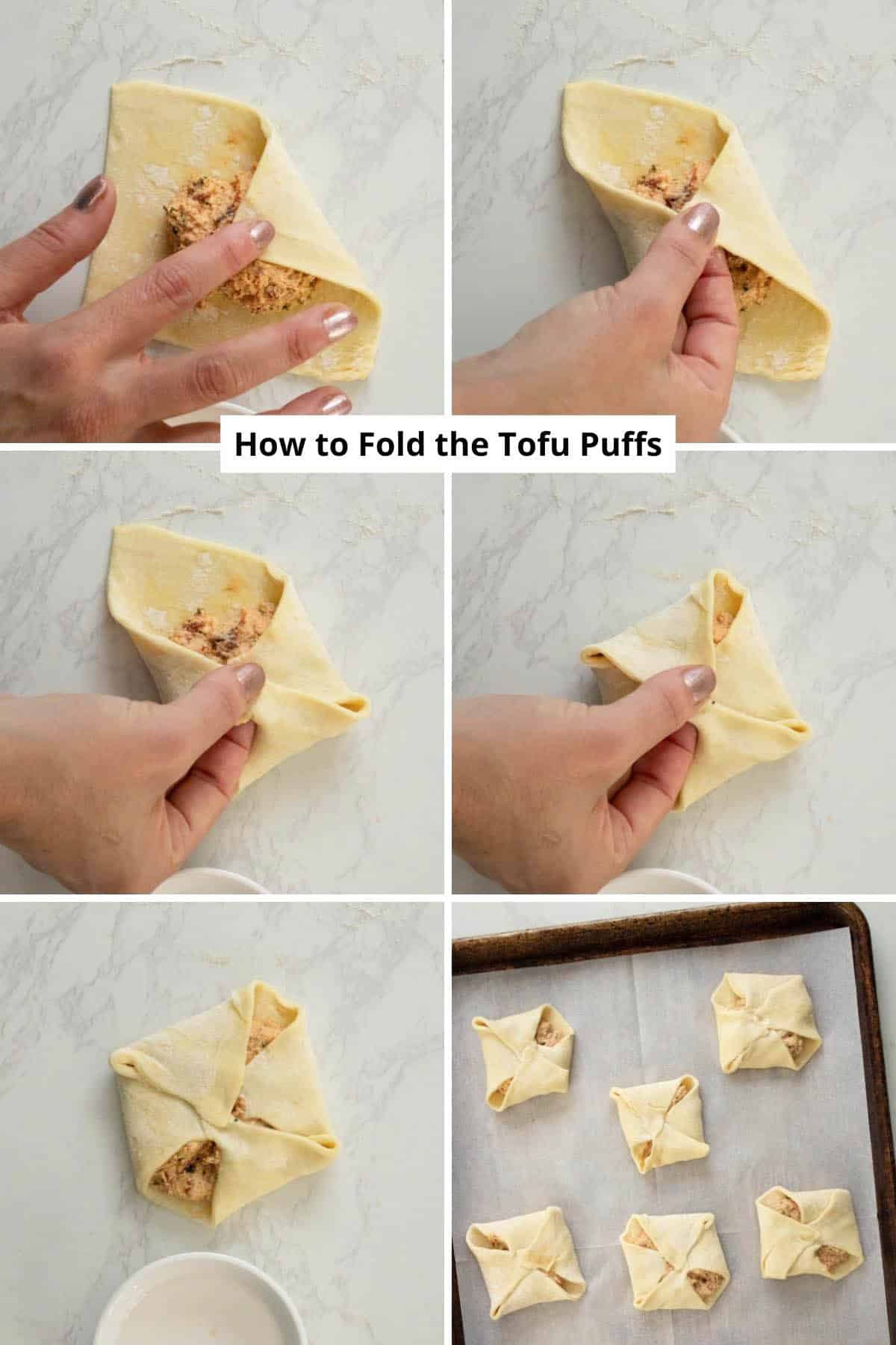 image collage showing the steps to fold the tofu puffs