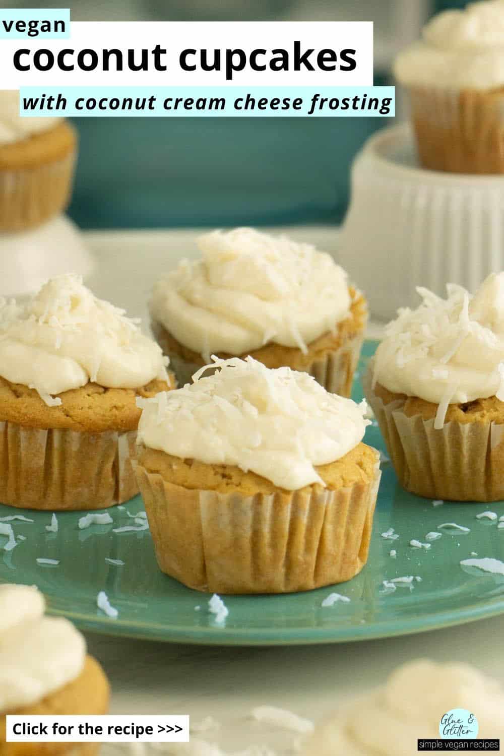 vegan coconut cupcakes with coconut cream cheese frosting on a blue plate, text overlay