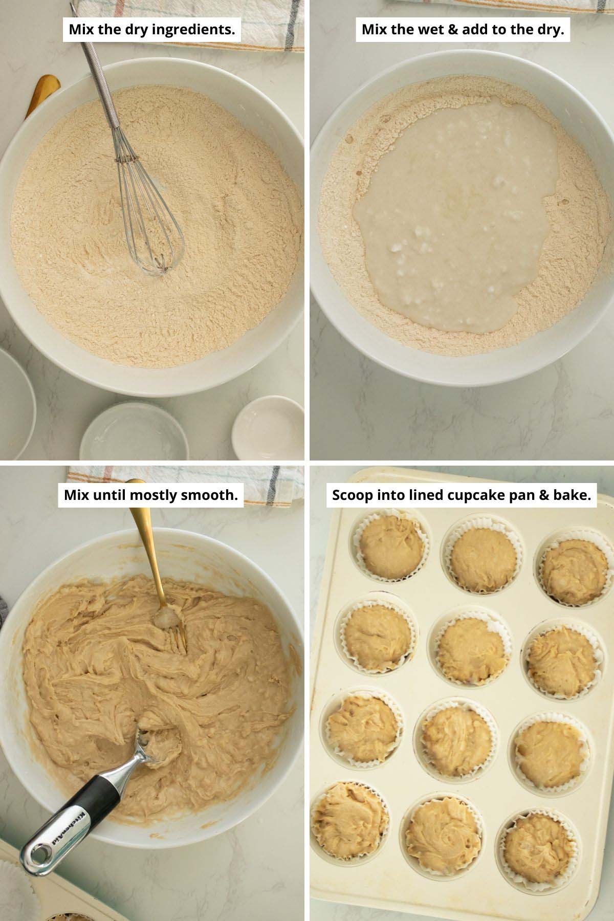 image collage showing the mixed dry ingredients, adding the mixed wet ingredients to the dry, the batter after mixing, and the batter in a lined cupcake pan