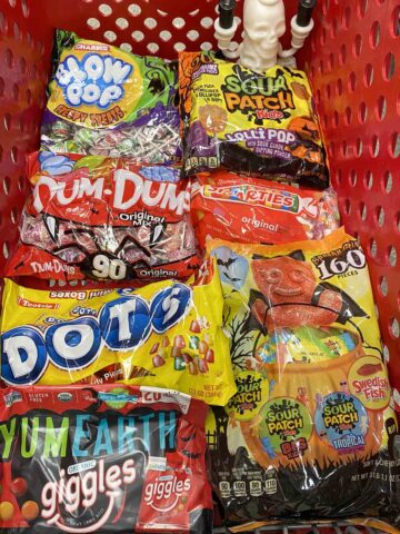 photo of vegan Halloween candy in a shopping cart