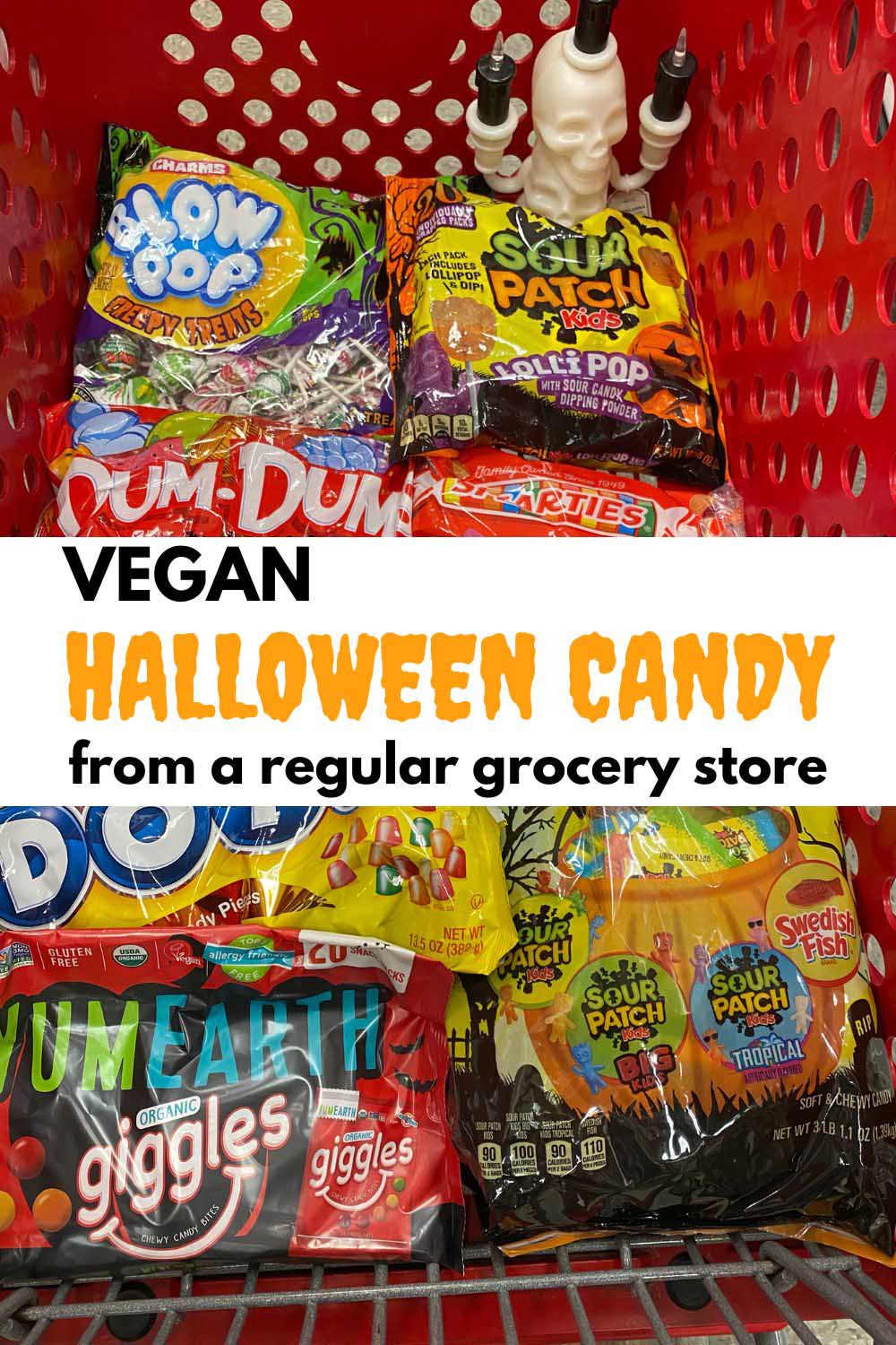photo of vegan Halloween candy in a shopping cart, text overlay