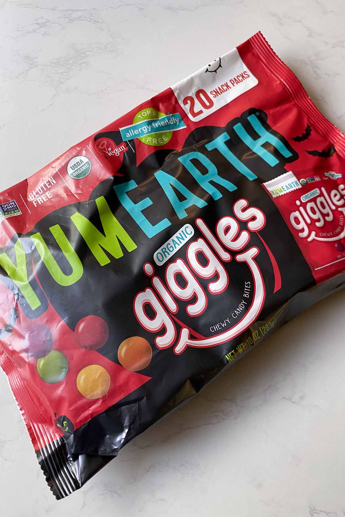 bag of Yum Earth Giggles on a white table