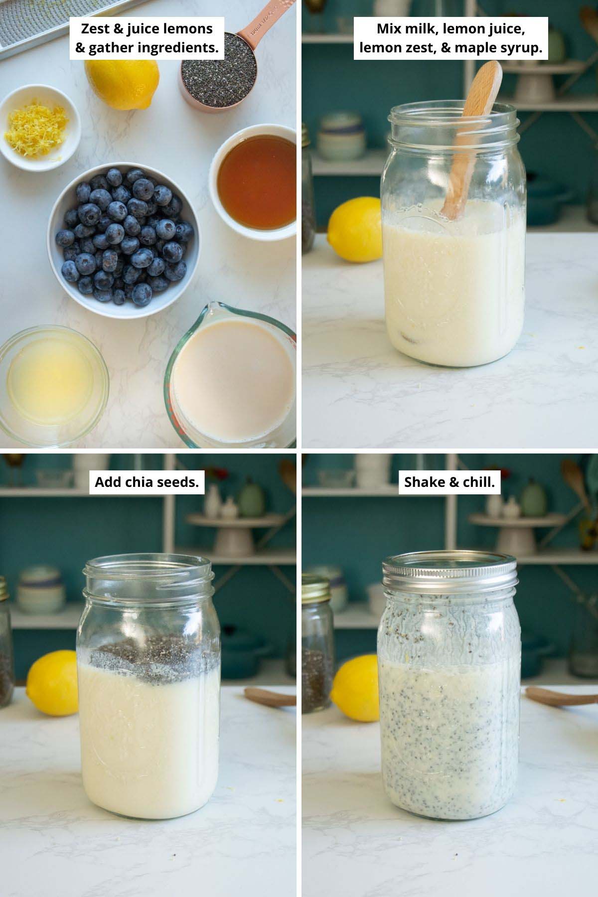 image collage showing the chia pudding ingredients, the liquid ingredients in a mason jar, adding the chia seeds, and the lemon blueberry chia pudding in the jar after mixing in the chia seeds