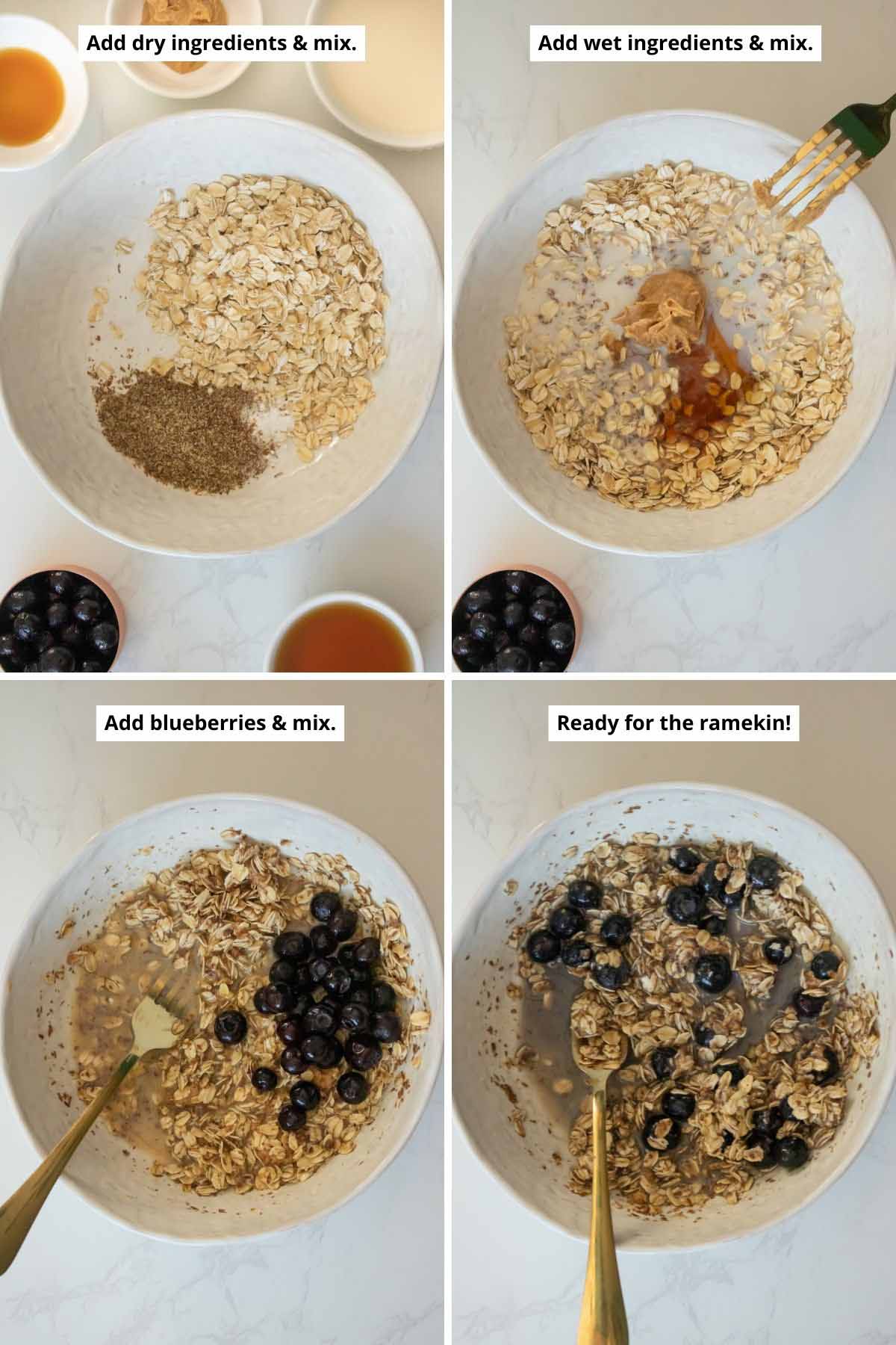 image collage showing the dry ingredients, adding the wet ingredients, adding the blueberries, and the oats mixture ready to cook
