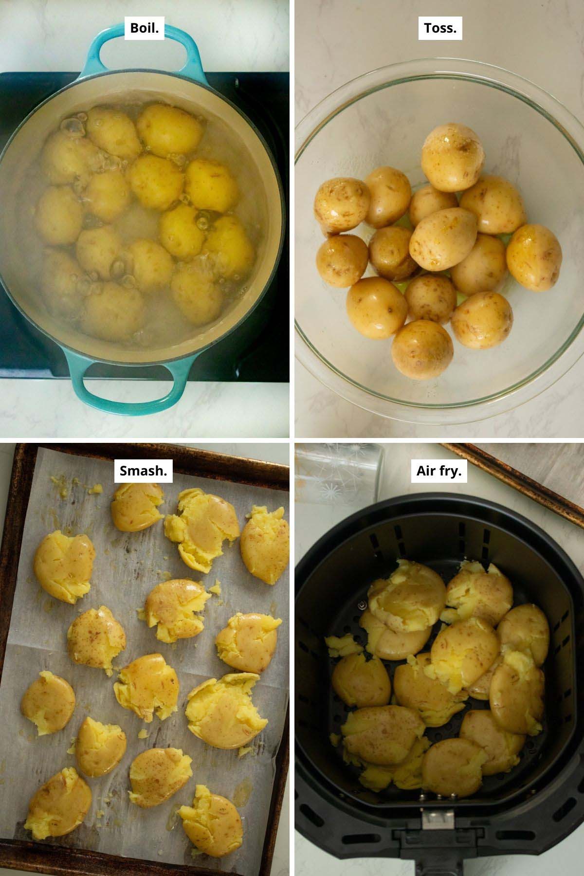 image collage showing boiling the potatoes; tossing with salt, oil, and vinegar; smashed, and in the air fryer before cooking