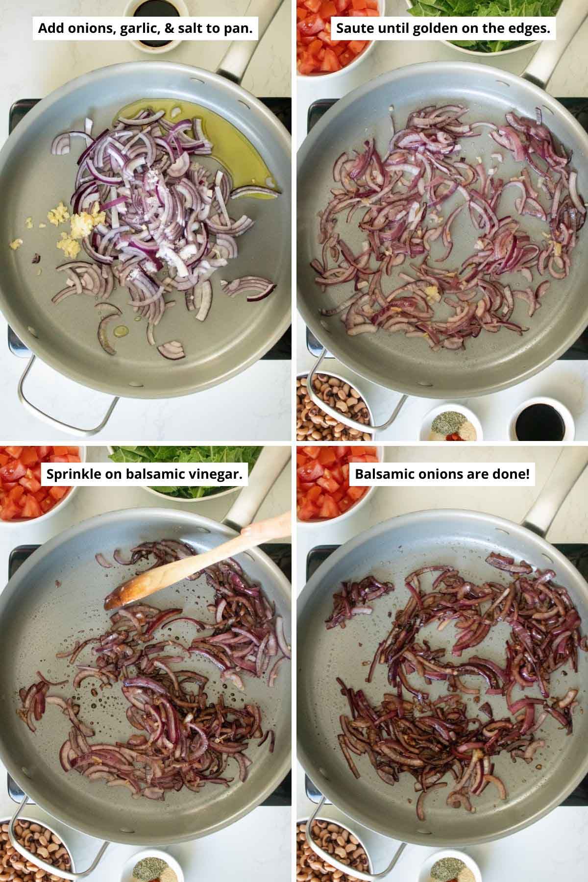 image collage showing the onions before and after sautéing and before and after cooking down the balsamic vinegar