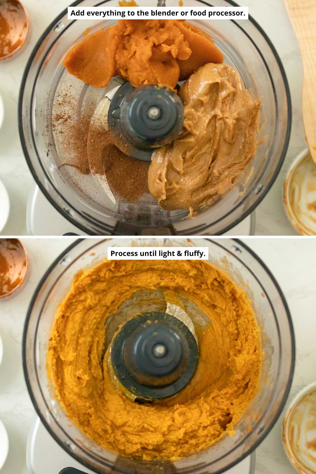 pumpkin spice almond butter ingredients in the food processor before and after processing