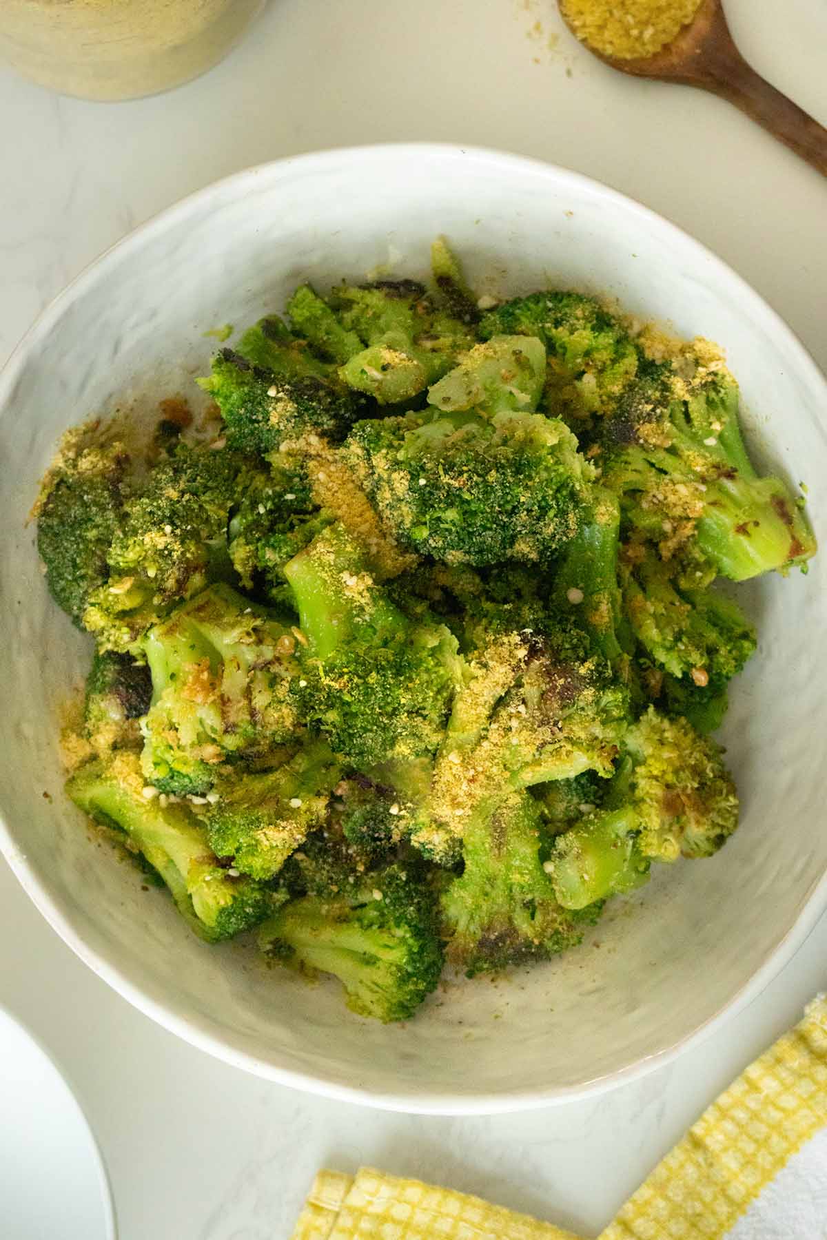sautéed frozen broccoli in the serving bowl