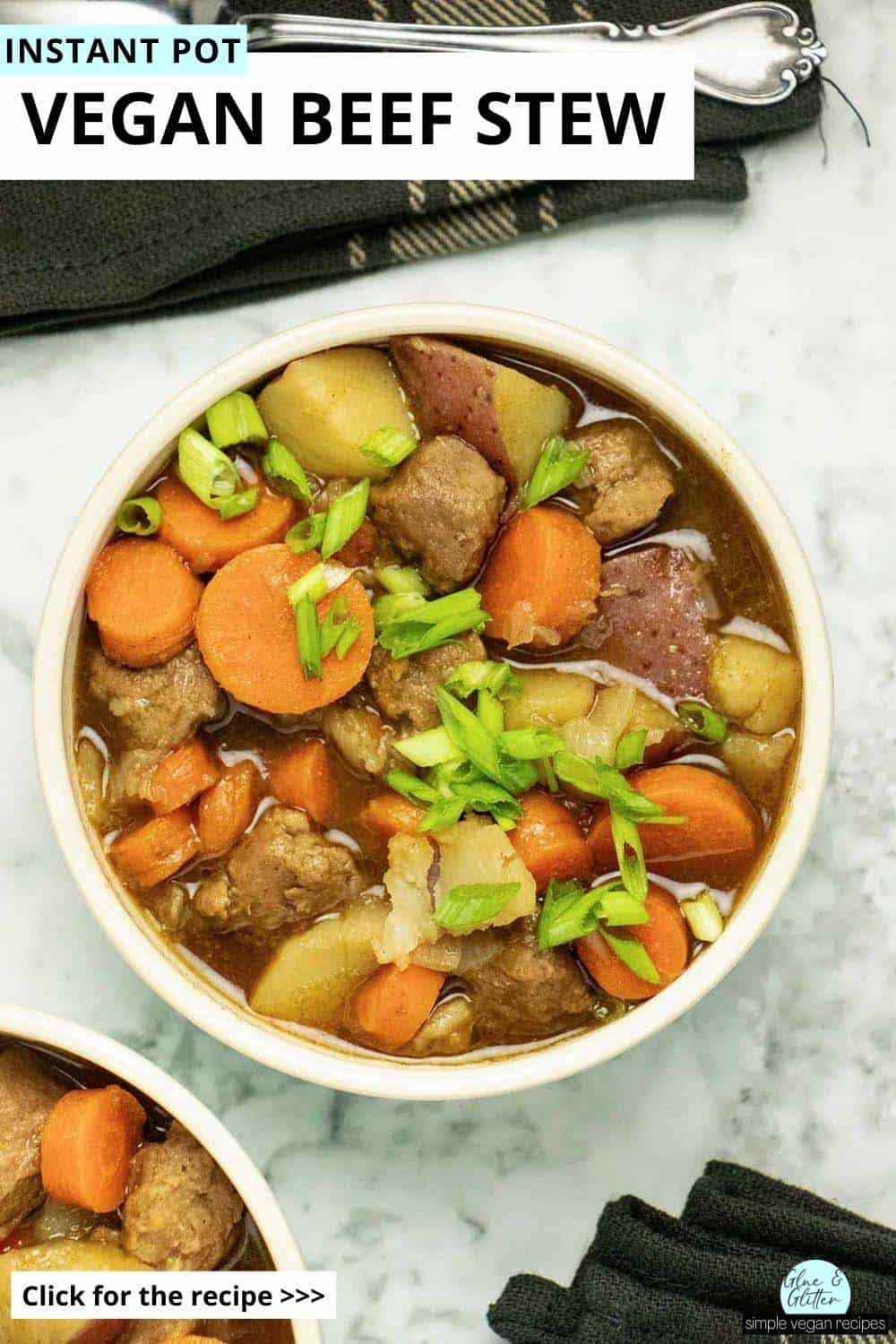 bowl of vegan beef stew on a white table, text overlay
