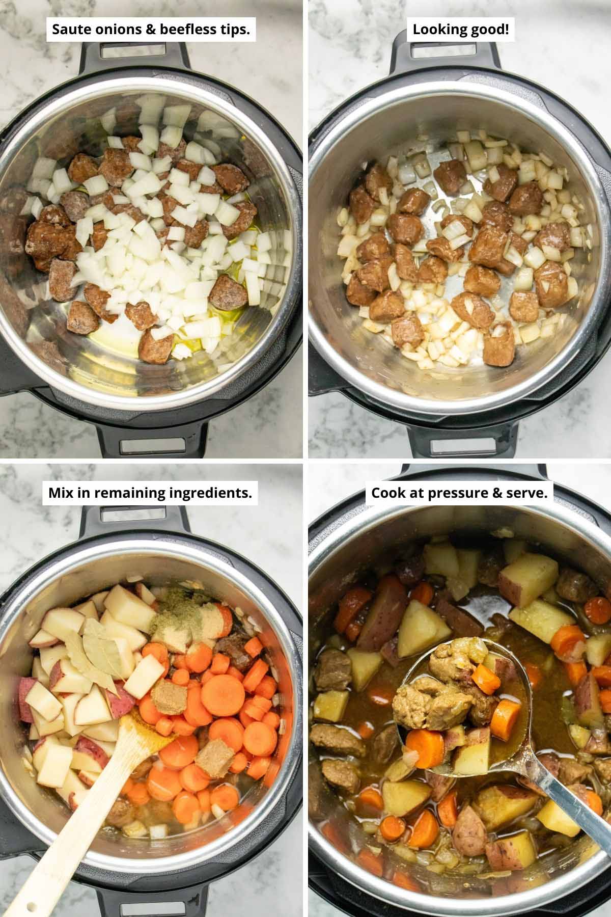 image collage showing beefless tips and onions before and after sautéing in the Instant Pot, adding the other stew ingredients, and the beefless stew in the pot after cooking