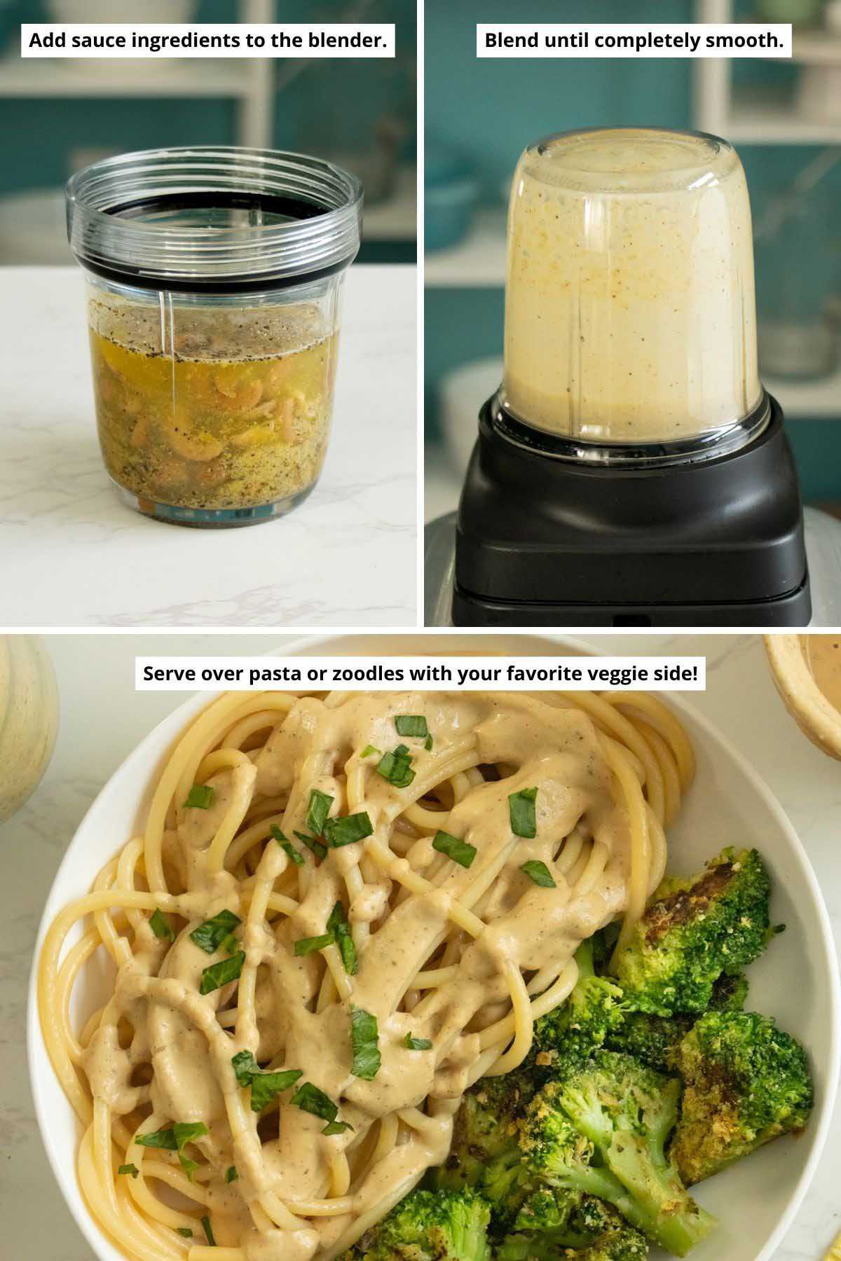 image collage showing the sauce in the blender before and after blending and the cacio e pepe in a bowl with a side of broccoli
