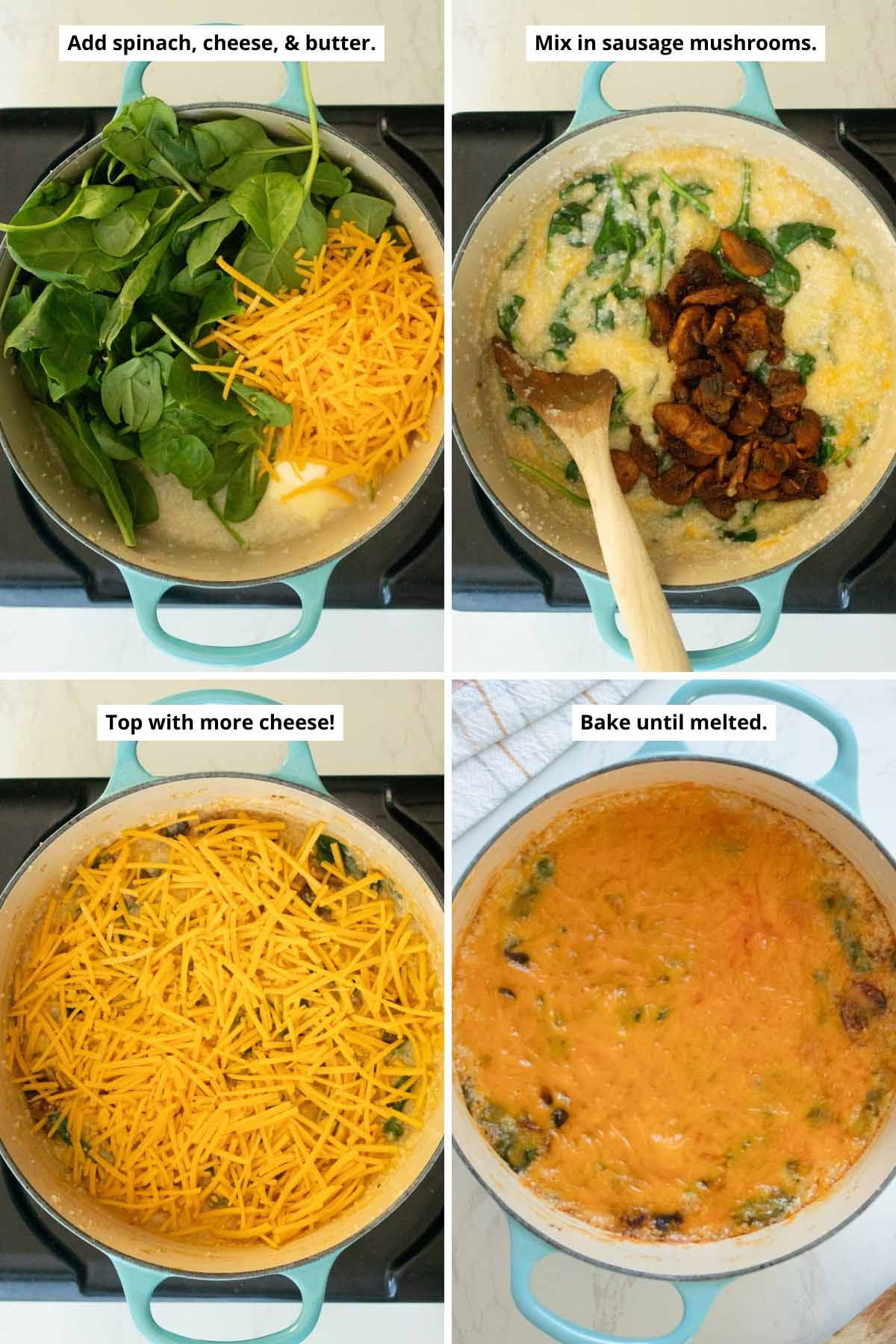 image collage showing adding the spinach, cheese, and vegan butter to the pan; adding the cooked mushrooms; topping with cheese; and the vegan grits casserole after baking with the cheese melted