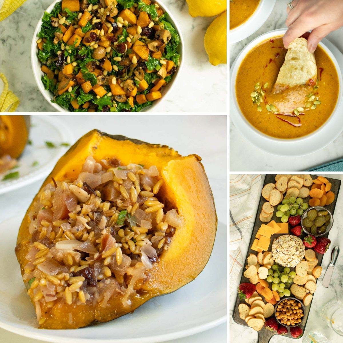 image collage of vegan holiday recipes: salad, soup, stuffed squash, and a vegan cheese board