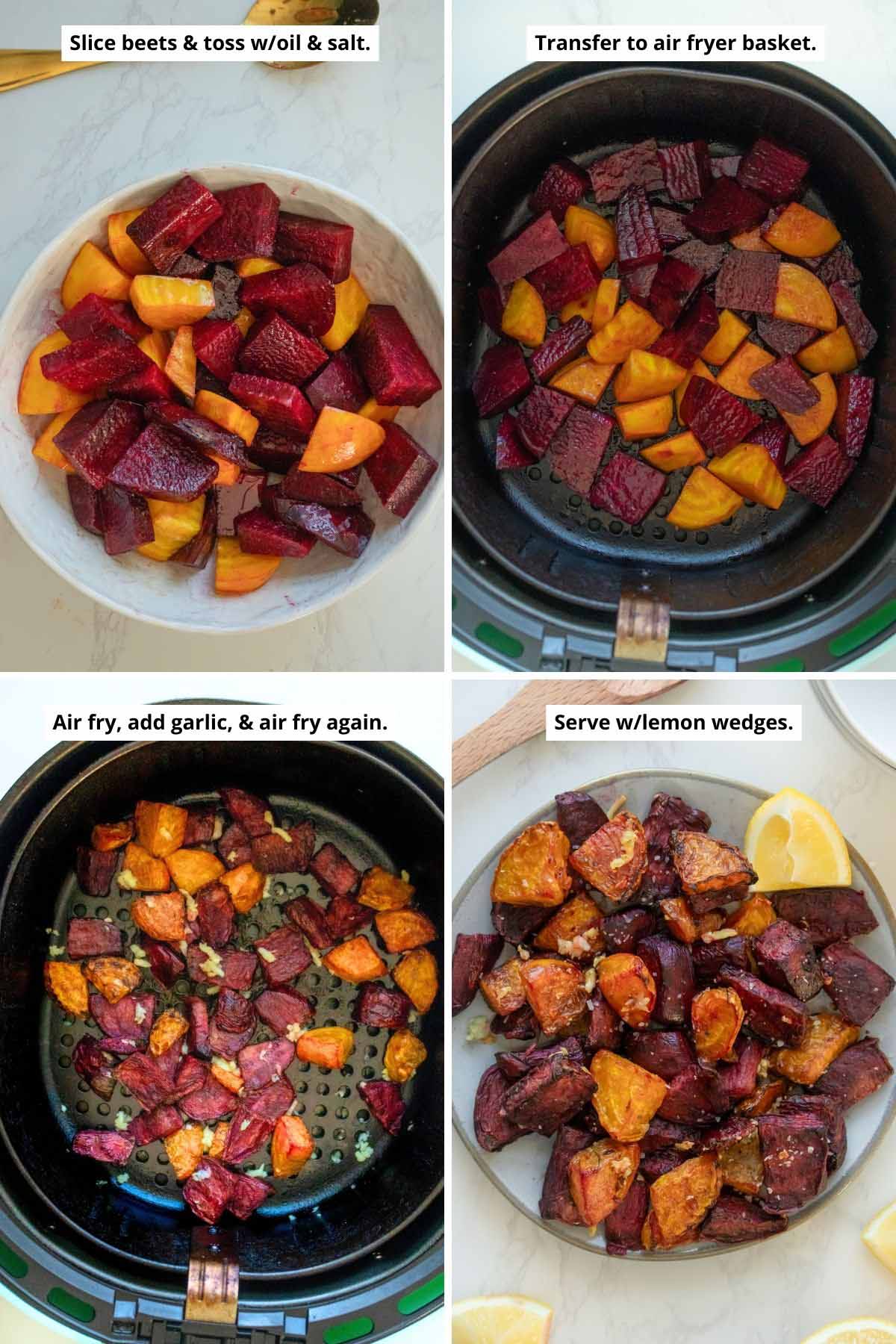 image collage showing the beets tossed with oil and garlic in the mixing bowl and in the air fryer, adding the garlic to the cooked beets, and the air fryer beets on a serving plate after roasting with the garlic
