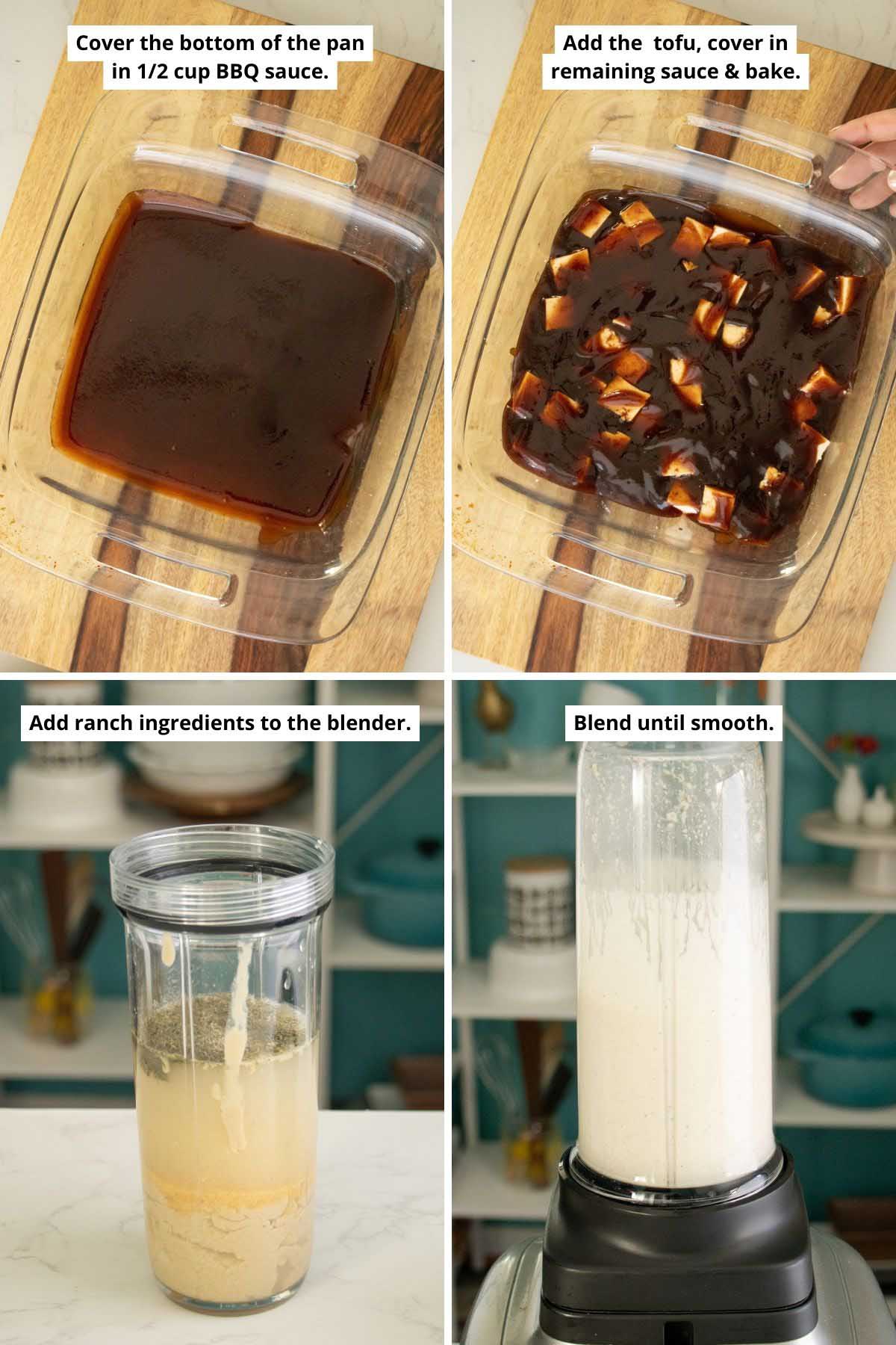 image collage showing bbq sauce in the pan and adding the tofu and more sauce and the ranch ingredients in the blender before and after blending