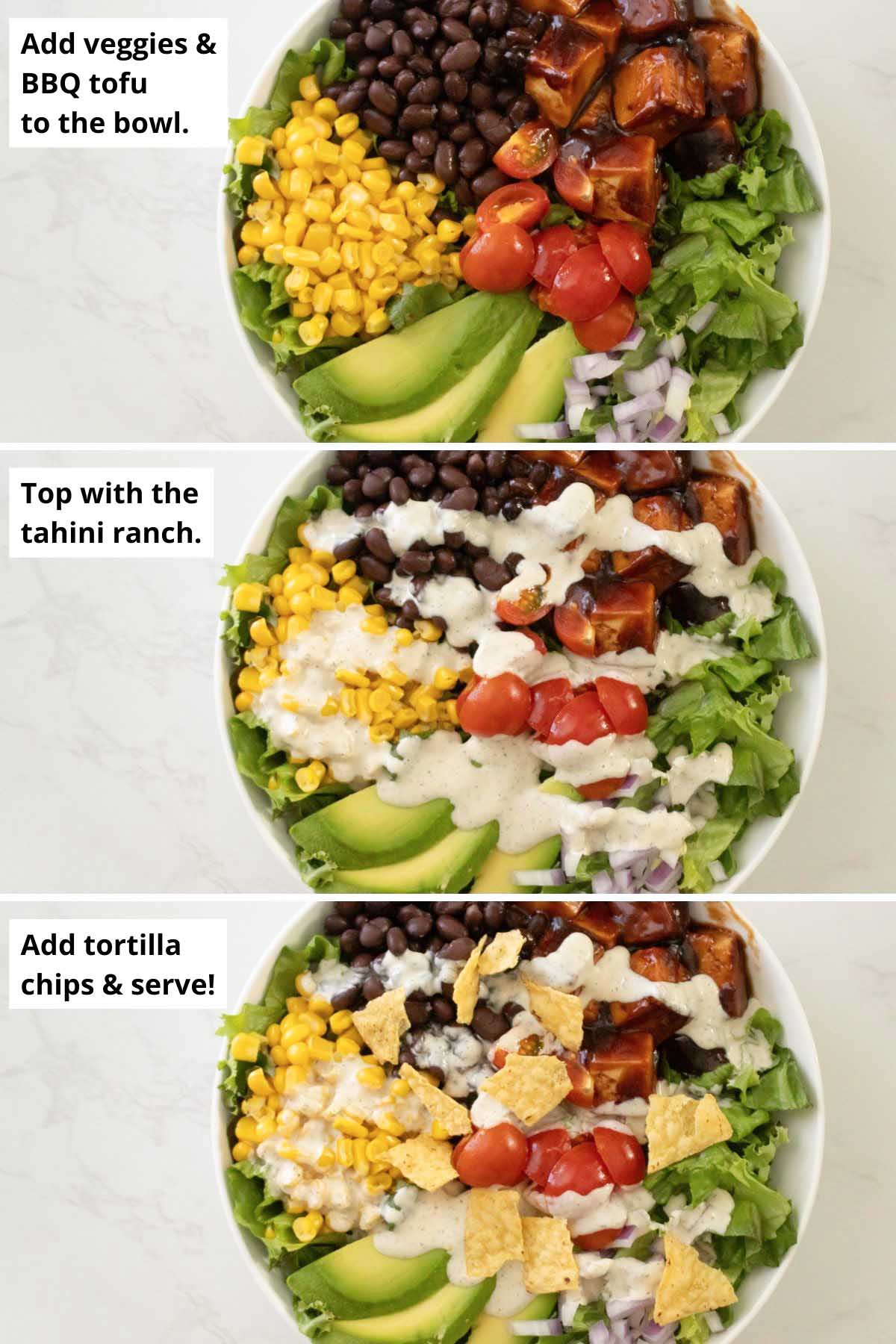 image collage showing the BBQ tofu salad before and after adding dressing and after adding tortilla chips