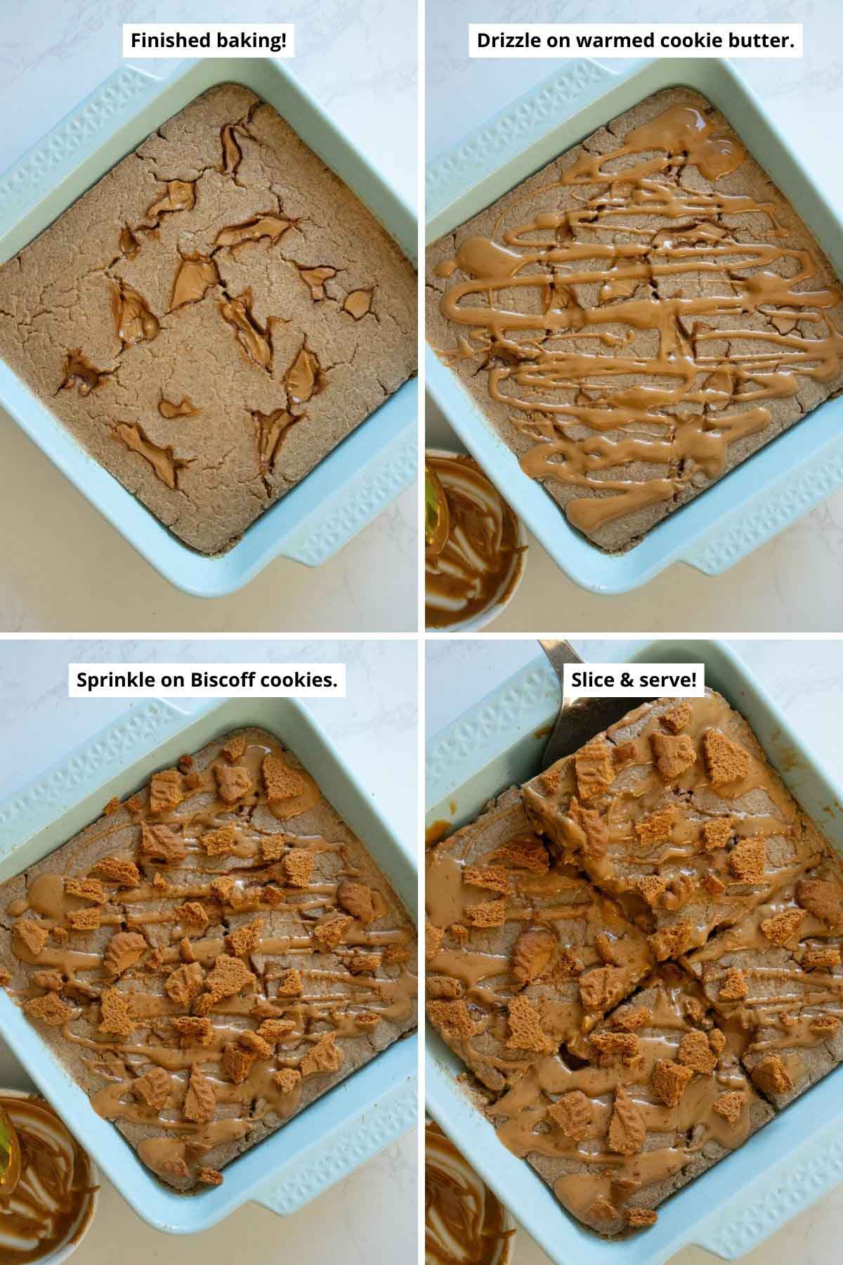 image collage showing the pan of baked oats in the pan just after baking, drizzled with cookie butter, sprinkled with Biscoff cookies, and being served with a spatula