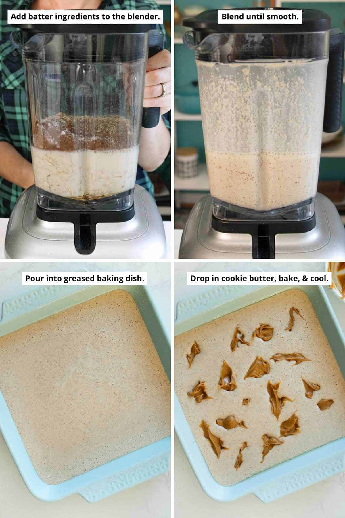 image collage showing the oat mixture in the blender before and after baking and in the pan before and after dropping in the cookie butter