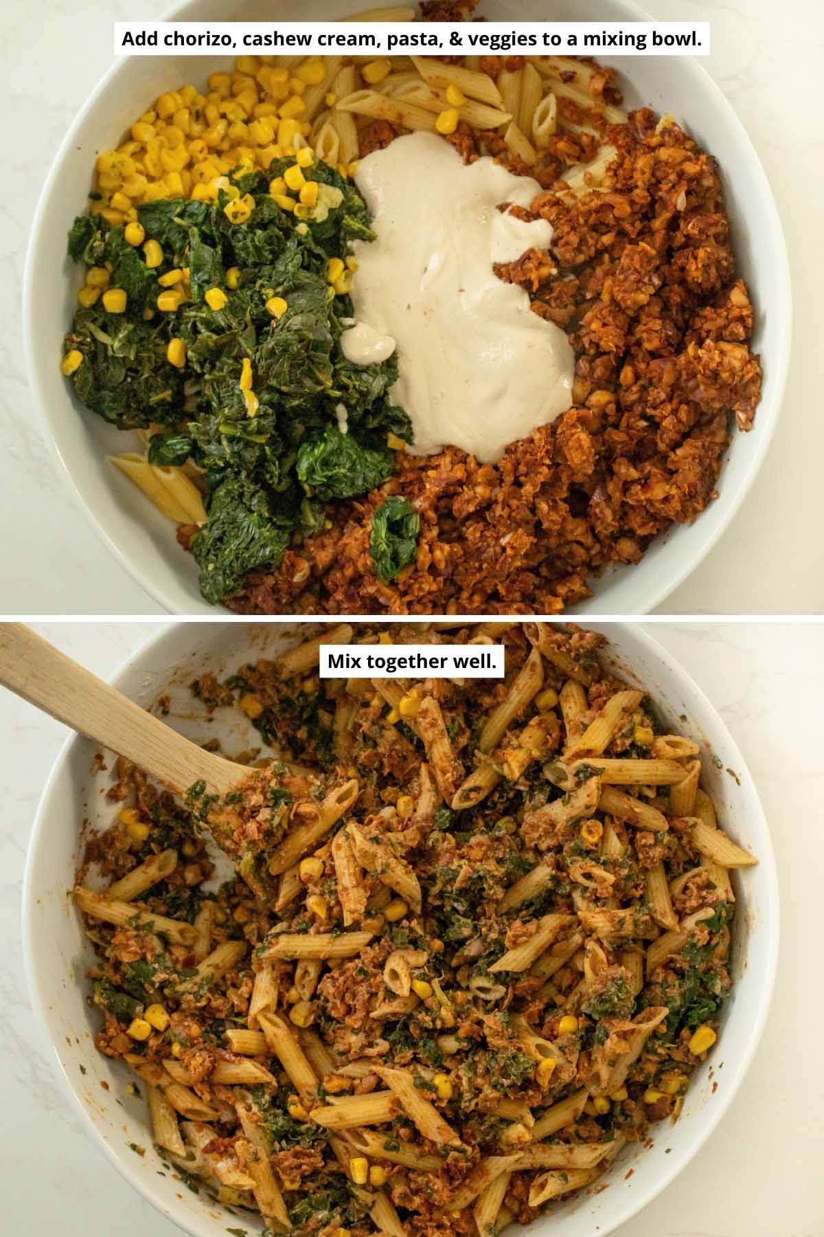 image collage showing the vegan chorizo pasta ingredients in the mixing bowl before and after mixing together