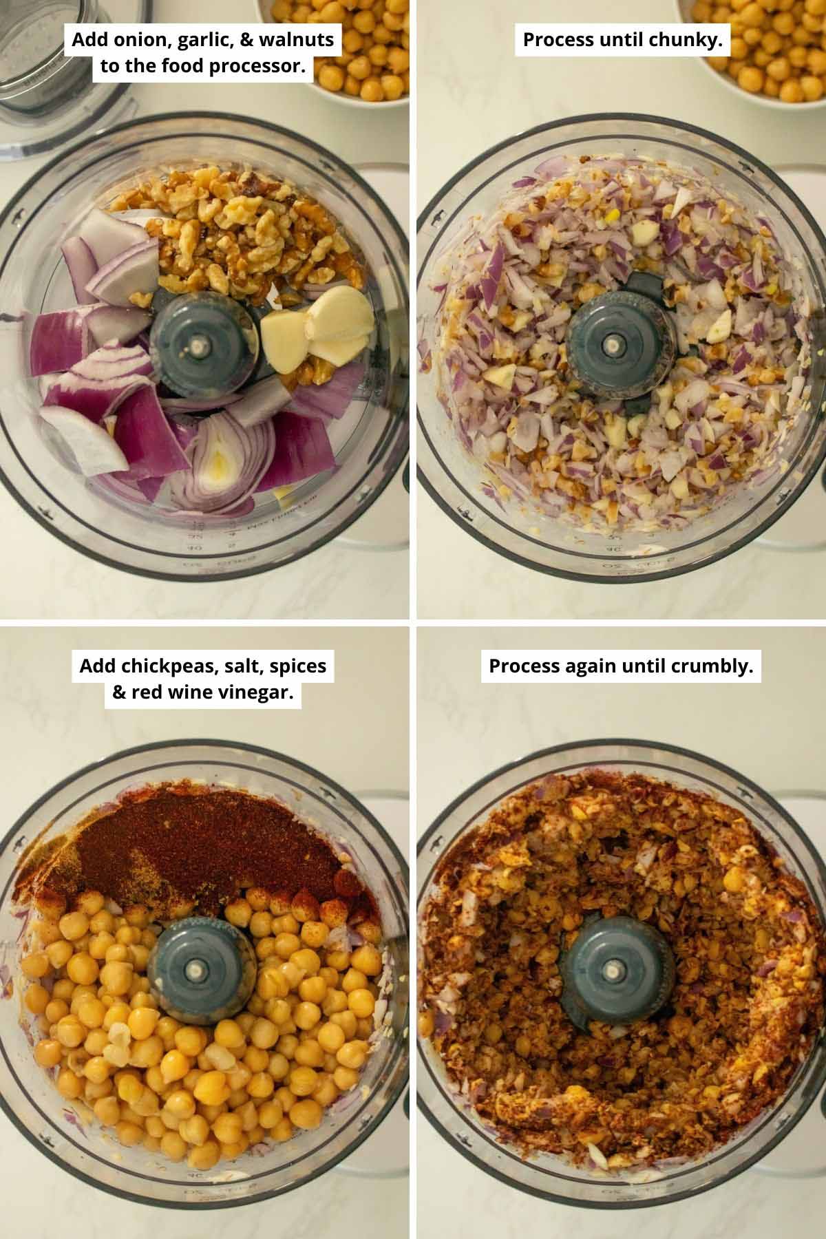 image collage showing processing the walnuts and aromatics and the chickpeas, vinegar, and spices