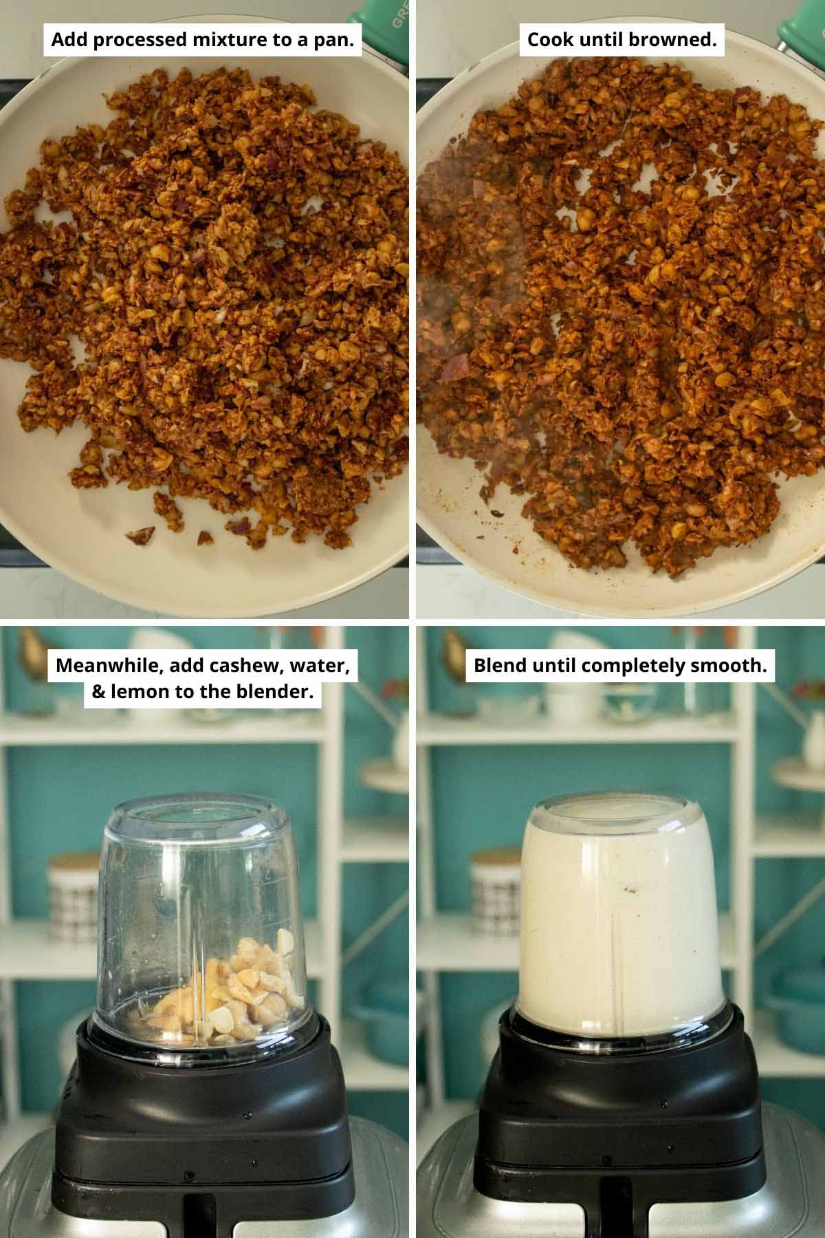 image collage showing the chorizo in the pan before and after cooking and the cashew cream ingredients in the blender before and after blending