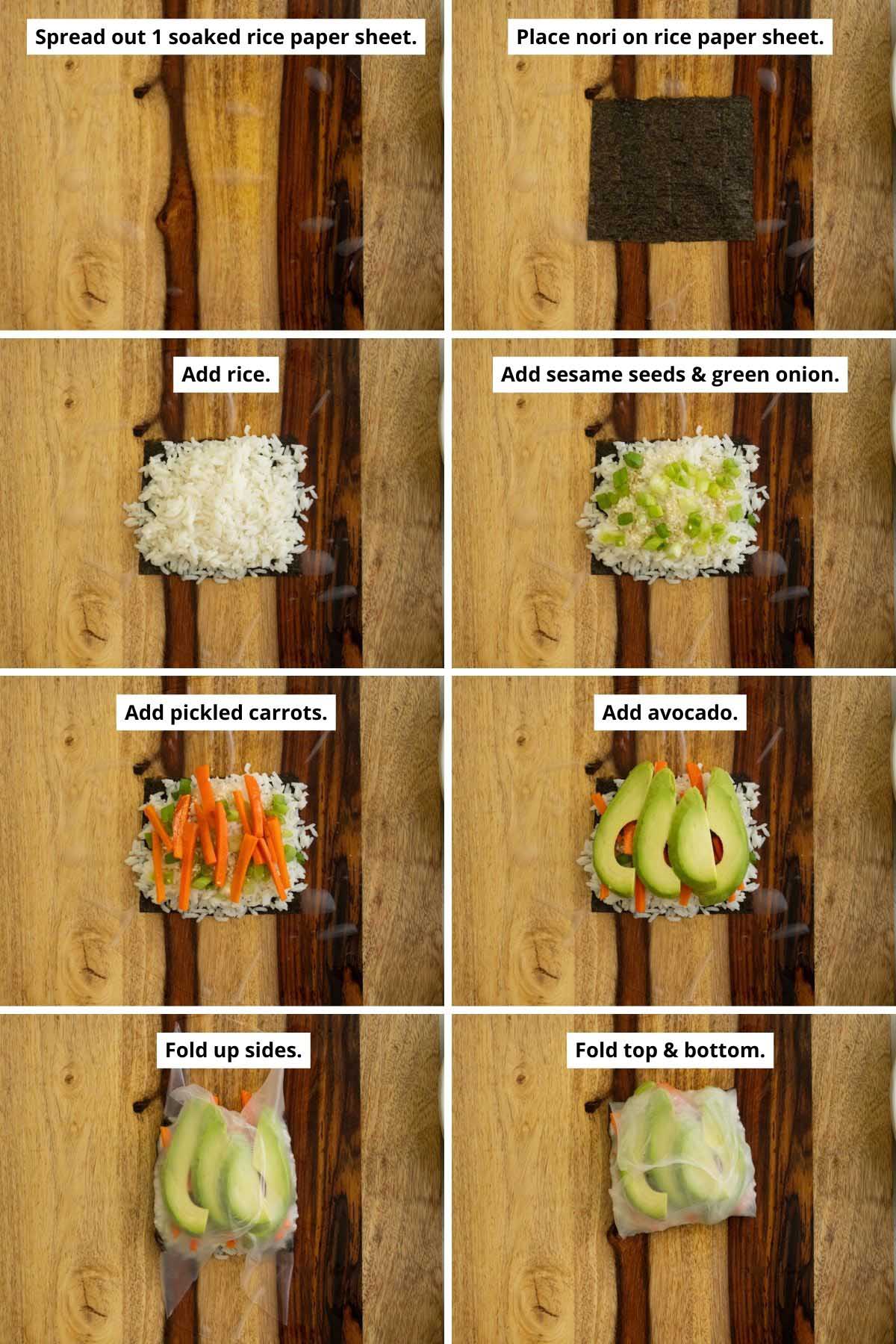 image collage showing layering and folding the rice paper sushi