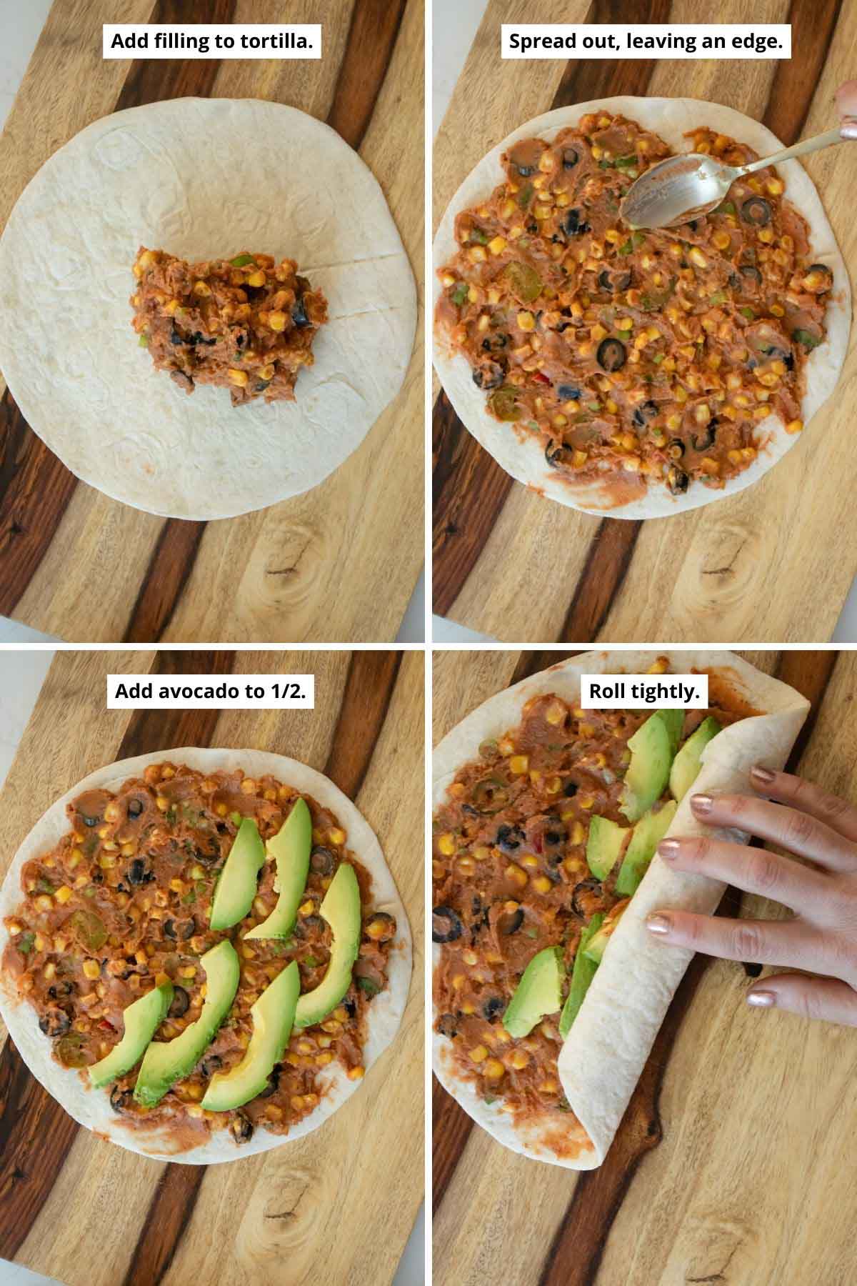 image collage showing how to layer the bean mixture and avocado onto the tortilla