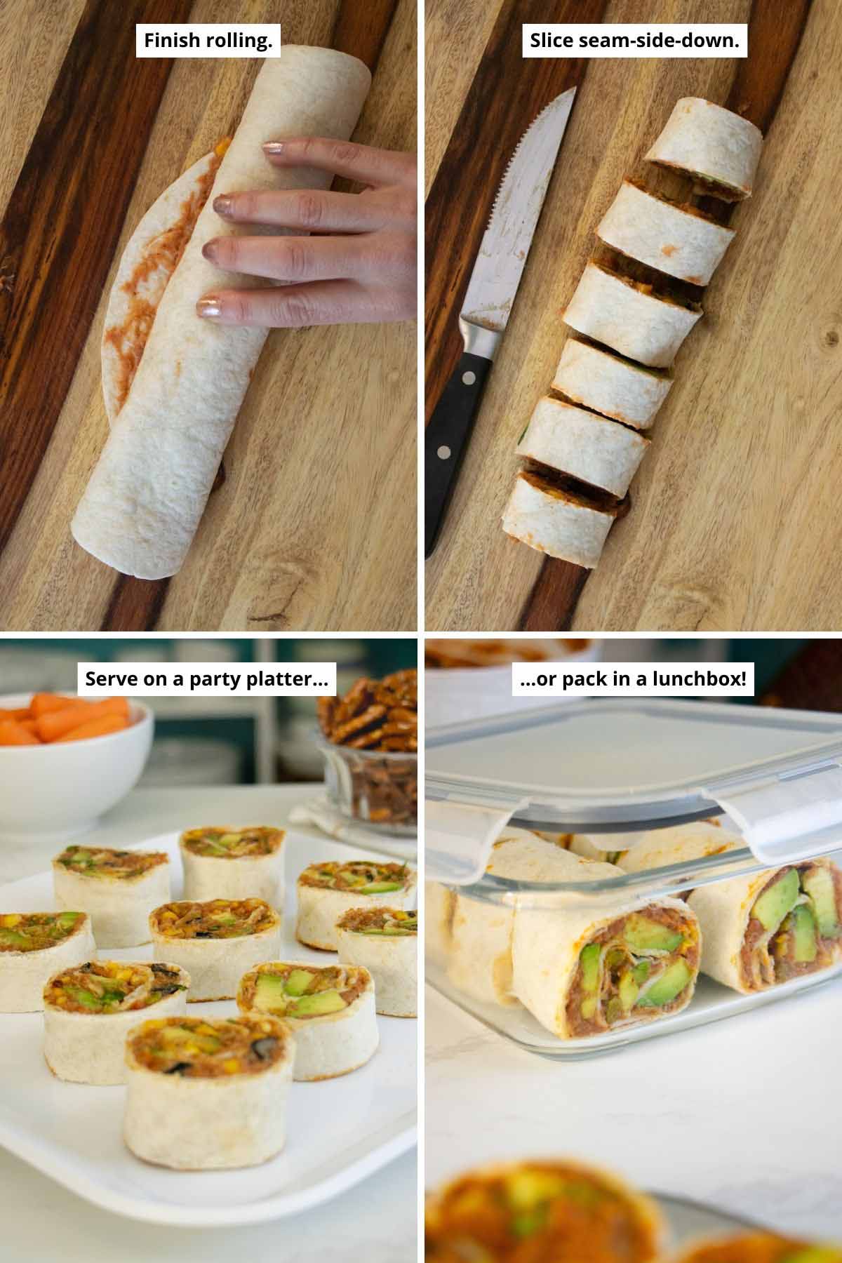 image collage showing the vegan pinwheels before and after slicing and on a party platter and in a lunchbox
