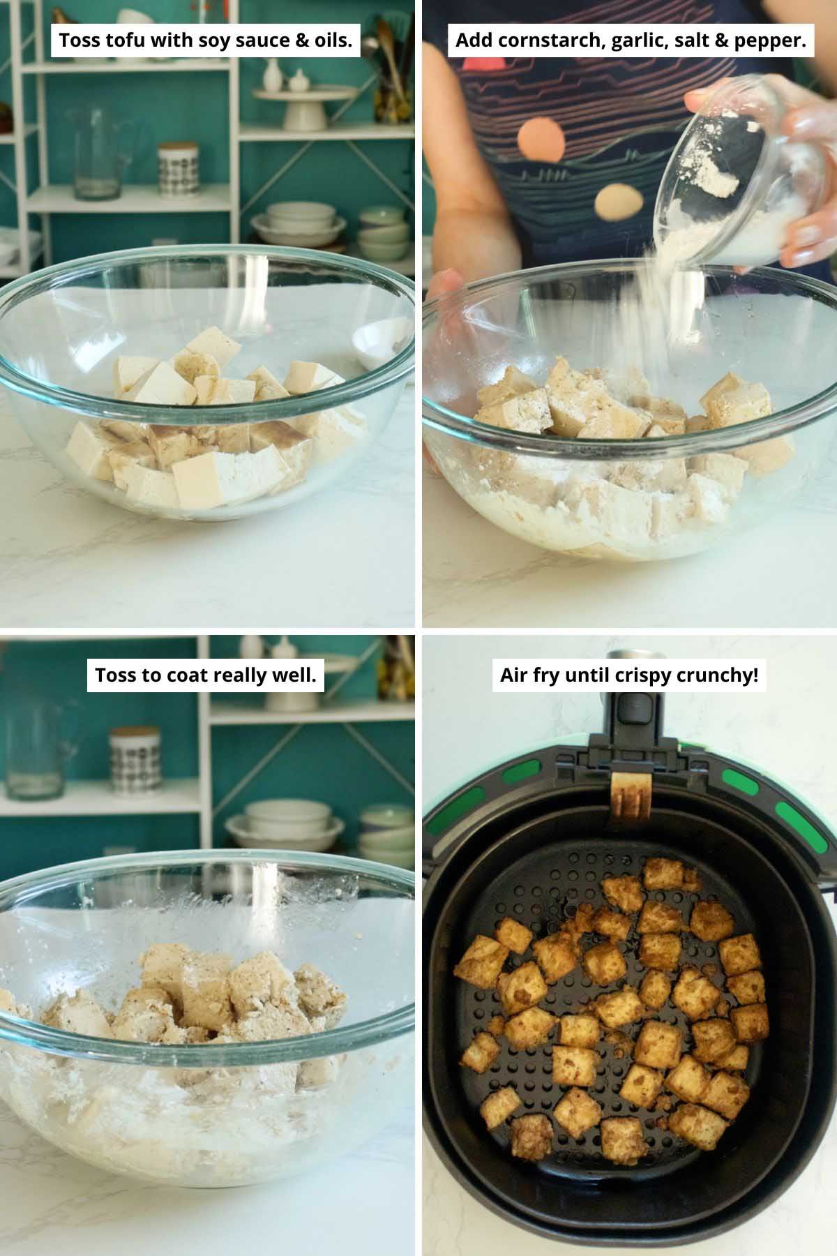 image collage showing the tofu tossed in oils and soy sauce, adding the cornstarch and the tofu after tossing in the cornstarch, and the cooked salt and pepper tofu in the air fryer basket
