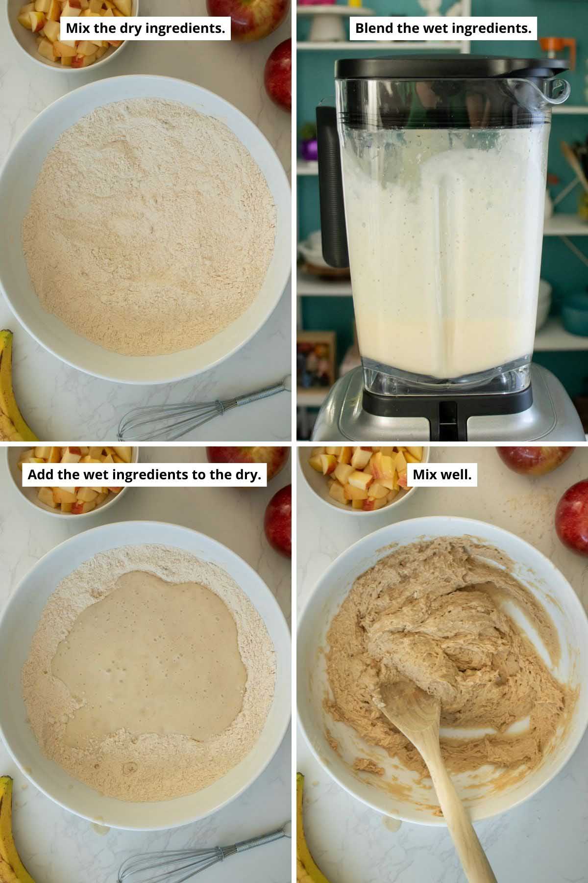image collage showing the mixed dry ingredients, blended wet ingredients, and adding wet to dry before and after mixing