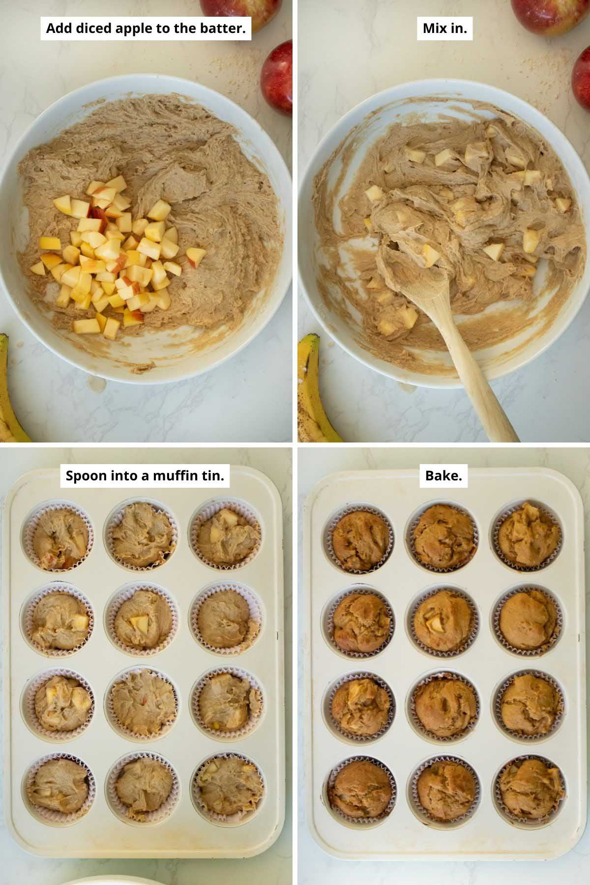 image collage showing the apples in the batter before and after mixing and the muffins in the pan before and after baking