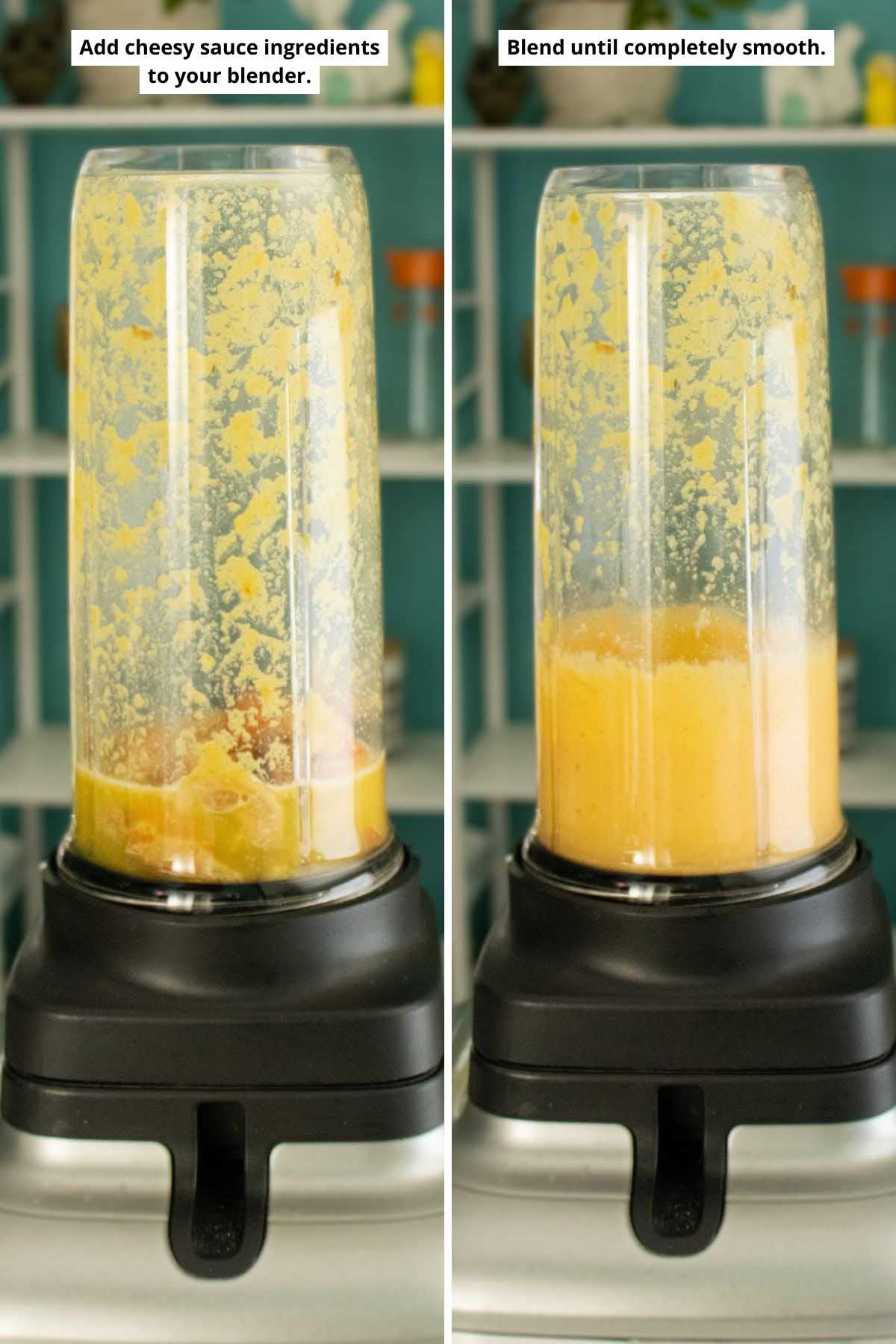 image collage showing the cheesy sauce ingredients in the blender before and after blending