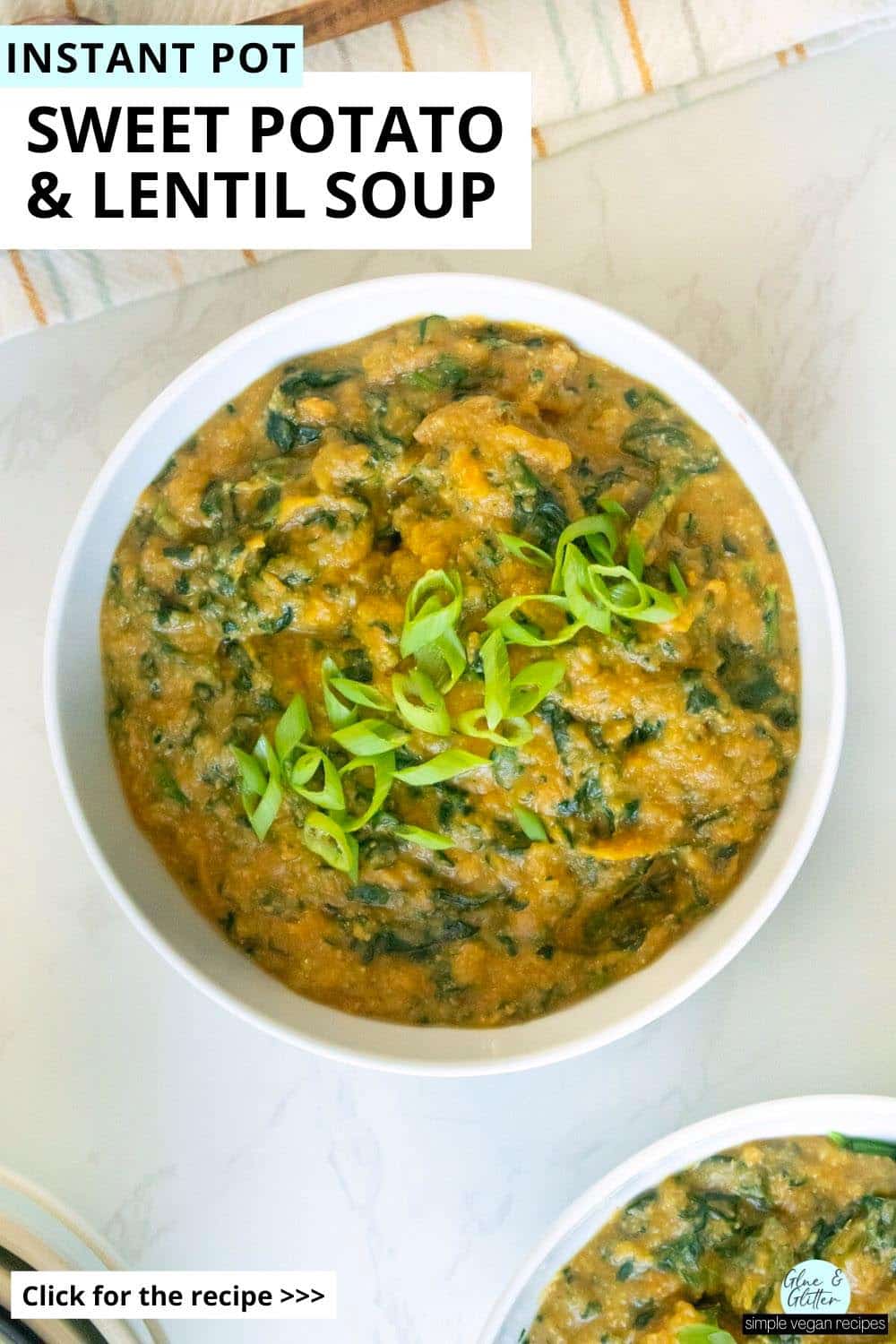 instant pot sweet potato lentil soup in a bowl topped with green onion, text overlay