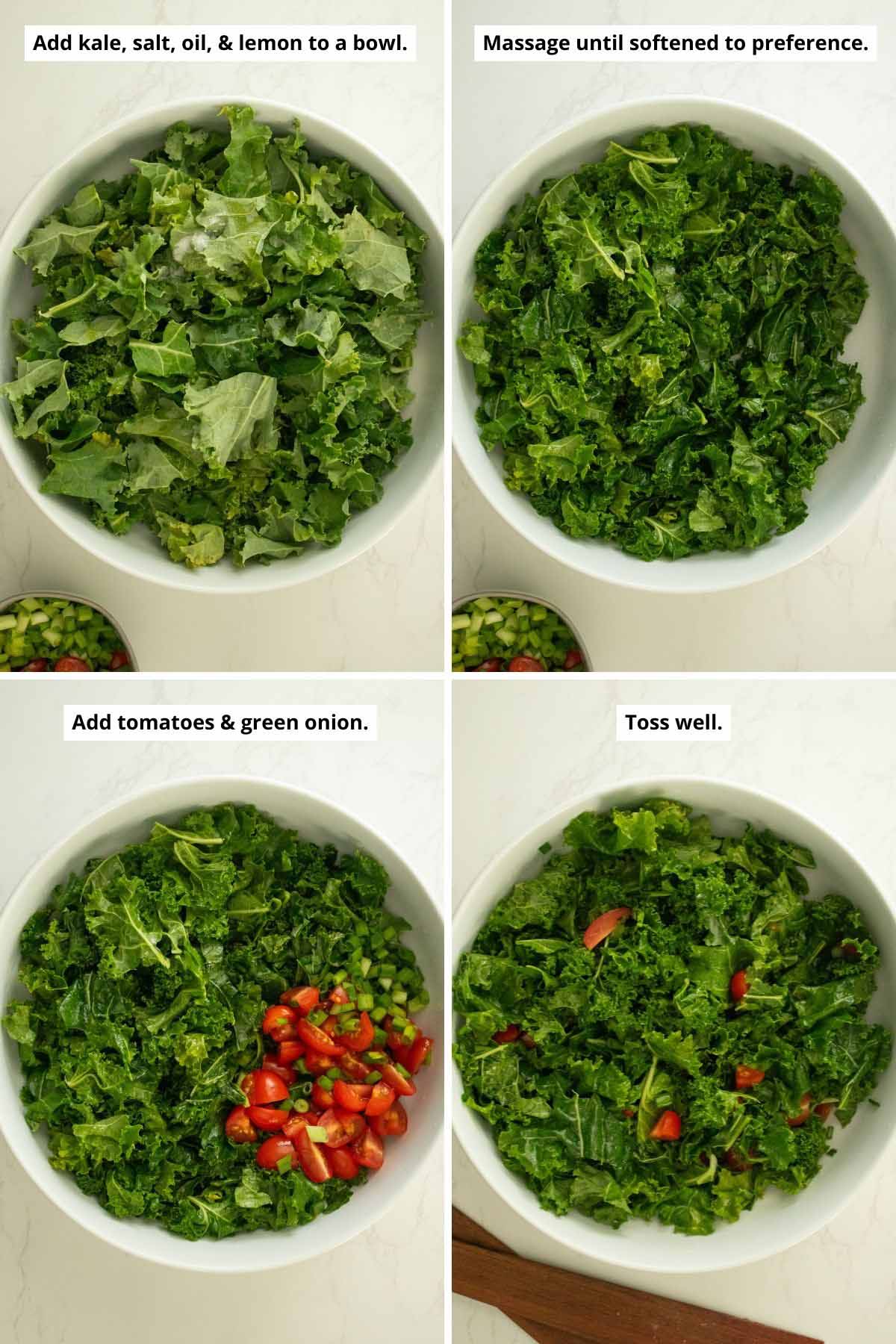 image collage showing the kale before and after massaging and the veggies before and after tossing into the massaged kale
