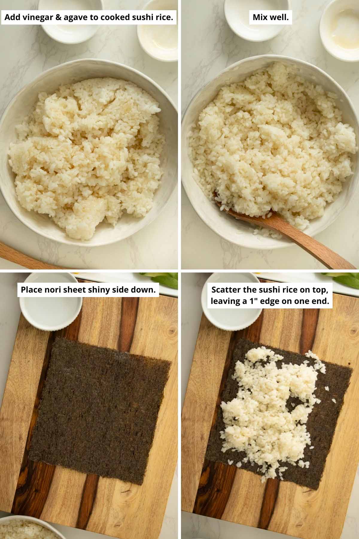 image collage showing adding the agave and vinegar to the sushi rice and scattering the rice on the piece of nori on the cutting board