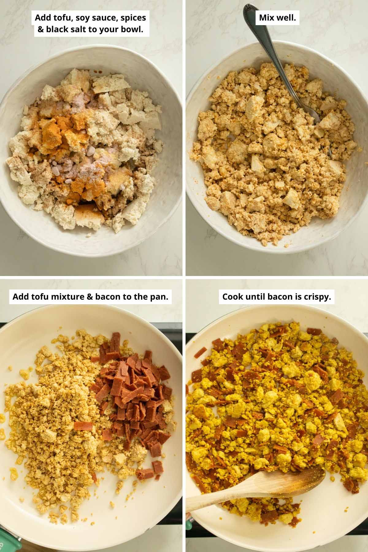 image collage showing the tofu scramble ingredients in the bowl before and after mixing and in the pan before and after cooking