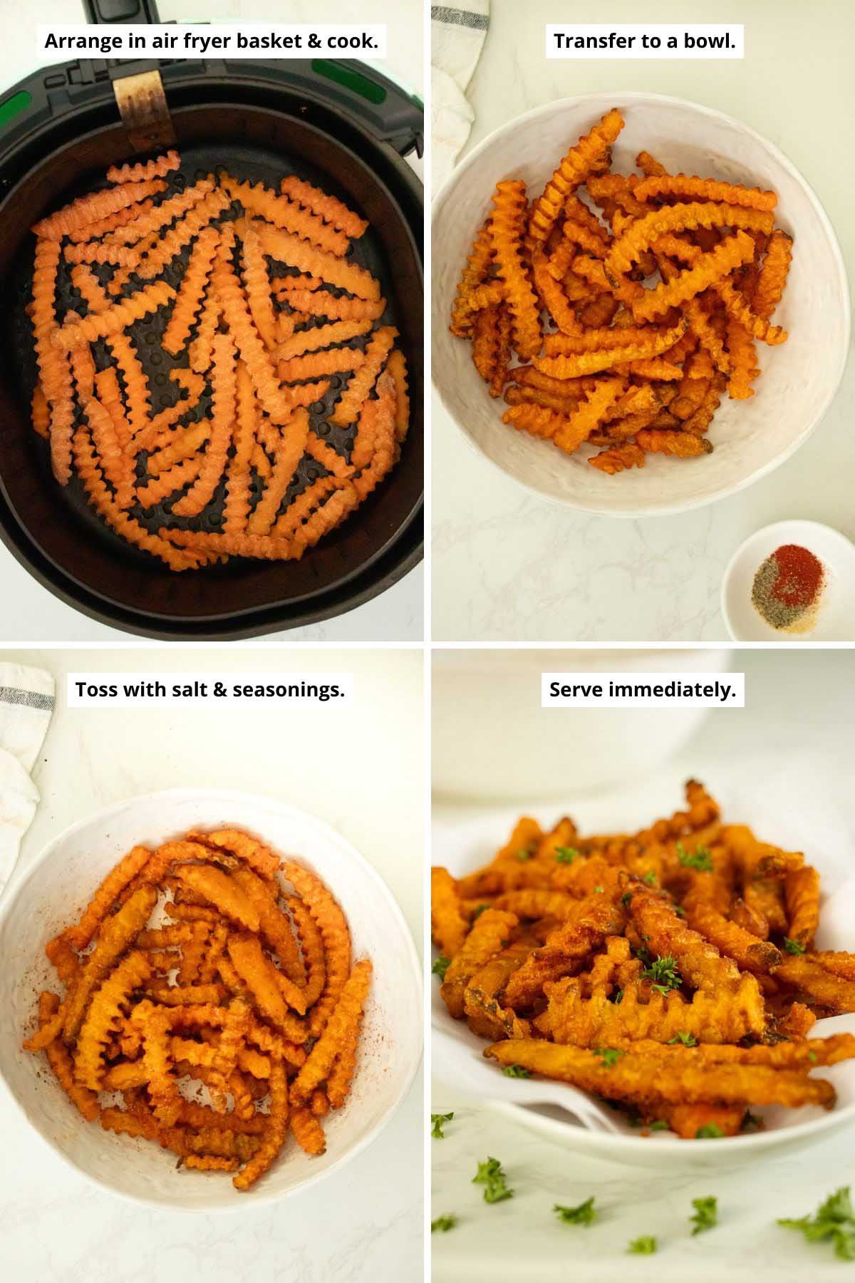 image collage showing the frozen sweet potato fries in the air fryer before cooking, the cooked fries in a bowl before and after seasoning and the fries on a serving tray