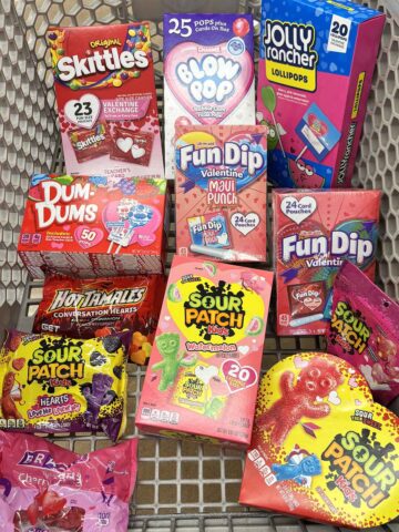 shopping cart full of vegan Valentine's Day candy