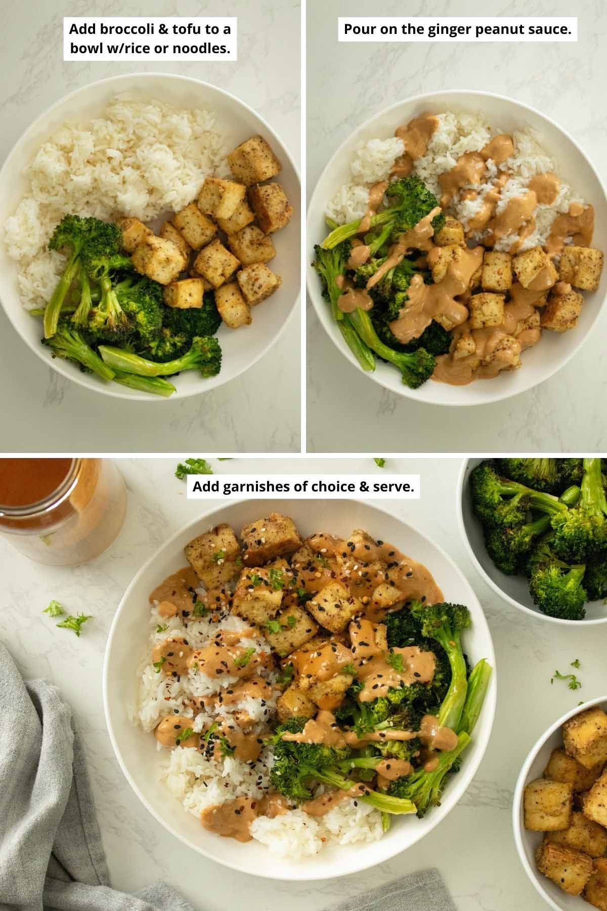 image collage showing baked tofu and broccoli in a bowl with rice, adding the peanut sauce, and adding the garnishes