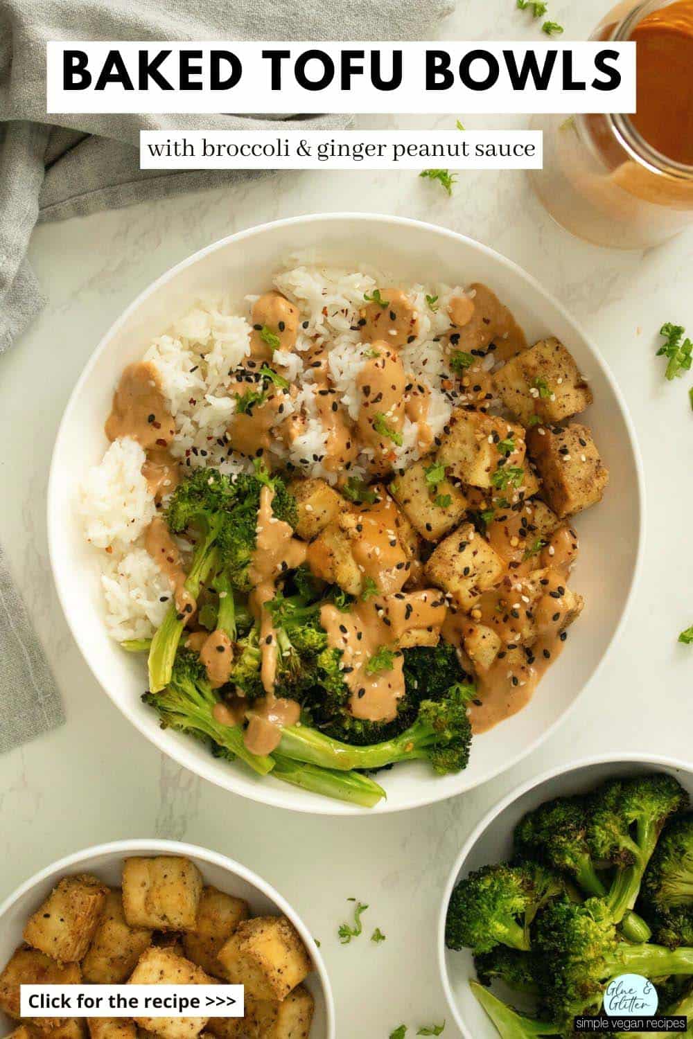 baked tofu in peanut sauce in a white bowl with rice, bowls of tofu and broccoli and a jar of more sauce on the side, text overlay