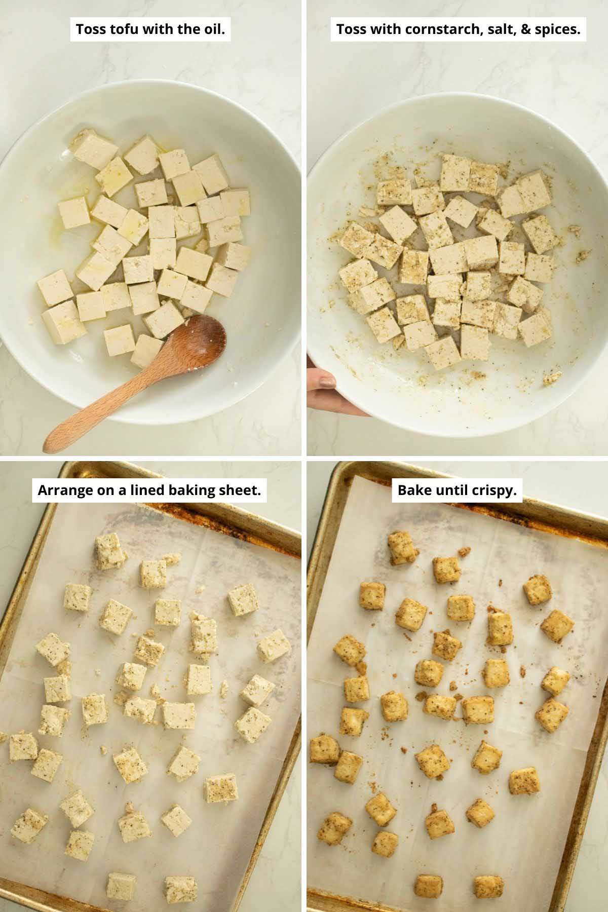 image collage showing tofu tossed in olive oil, in cornstarch and spices, spread on the baking sheet, and after baking