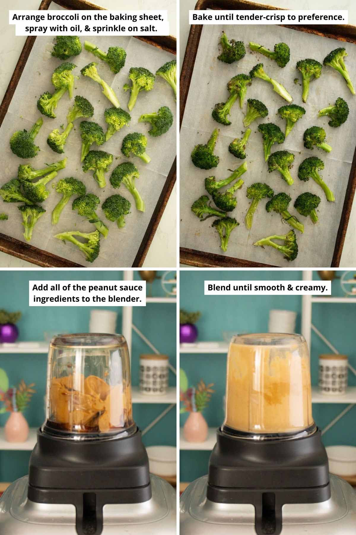 image collage showing broccoli on a baking sheet before and after roasting and peanut sauce ingredients in the blender before and after blending