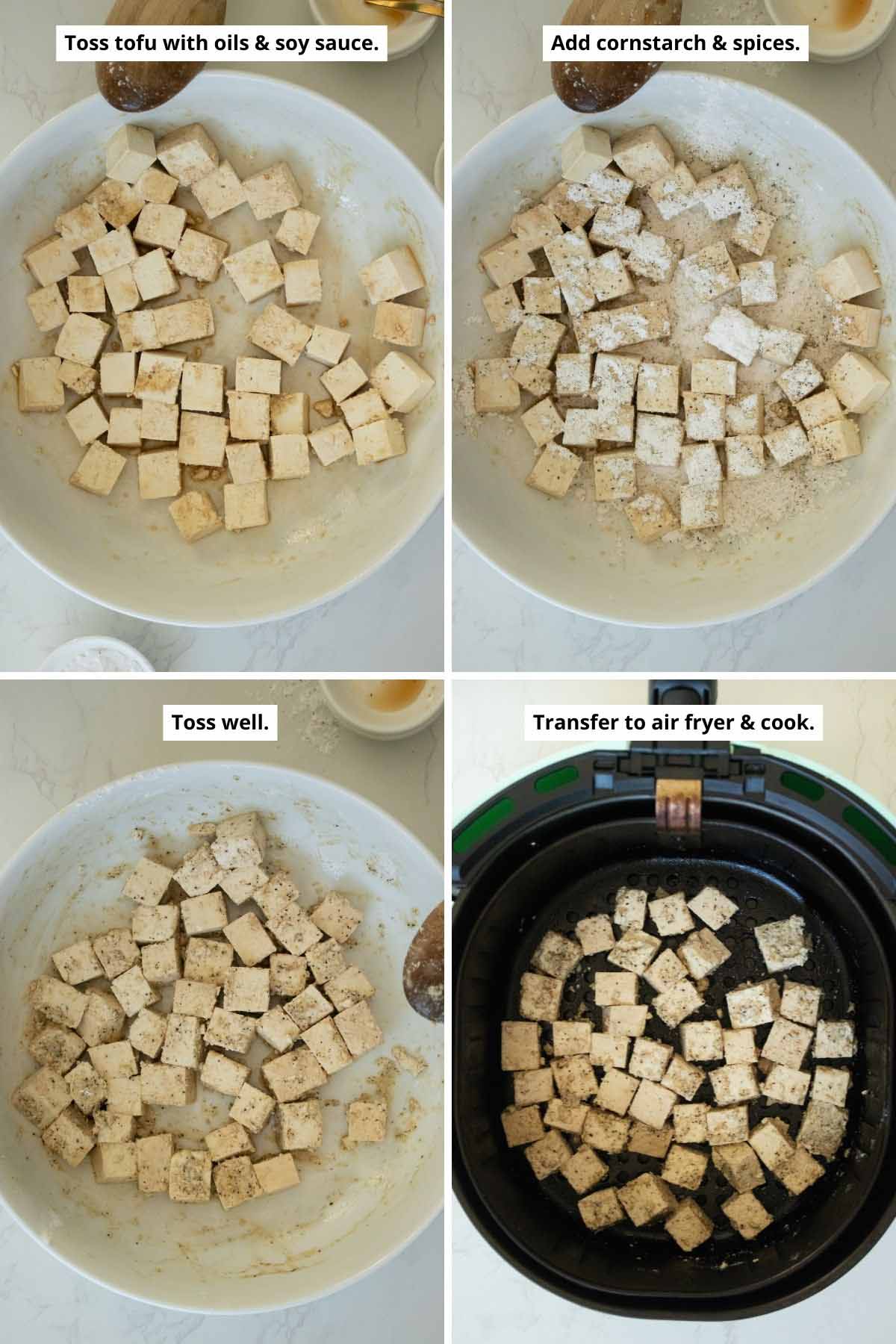 image collage showing tossing the tofu in oils/soy sauce and in cornstarch/spices and then arranged in the air fryer basket