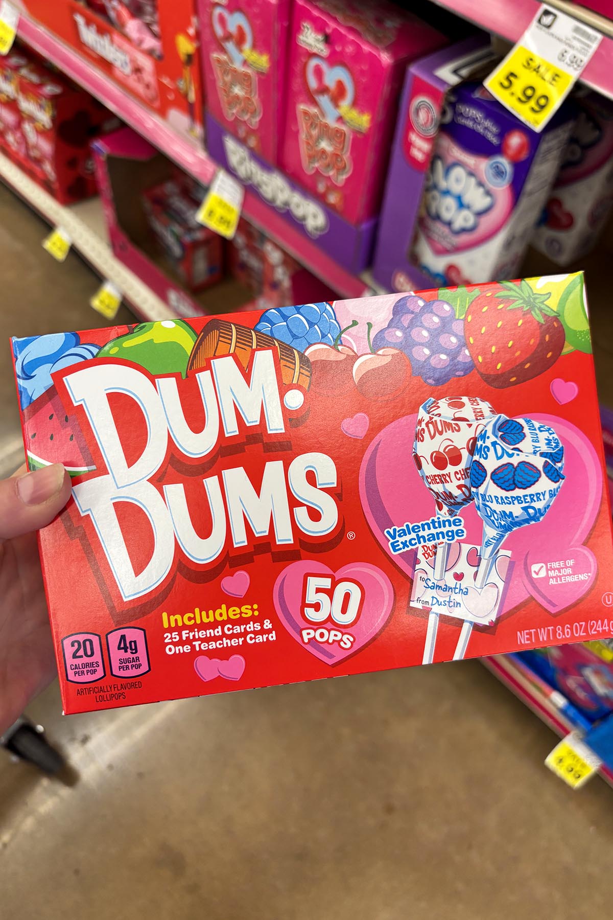 hand holding a box of vegan Dum-Dums Valentines
